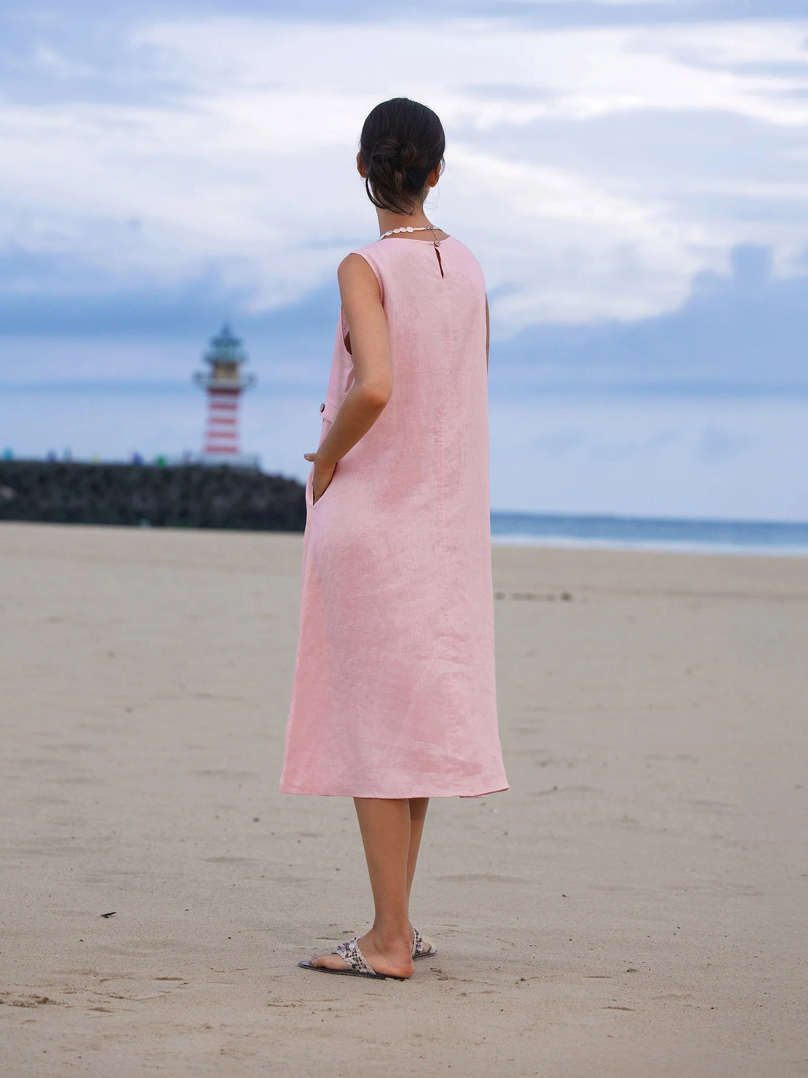 100% Linen Sleeveless Accordion Pleat Midi Dress TINA - Image 2