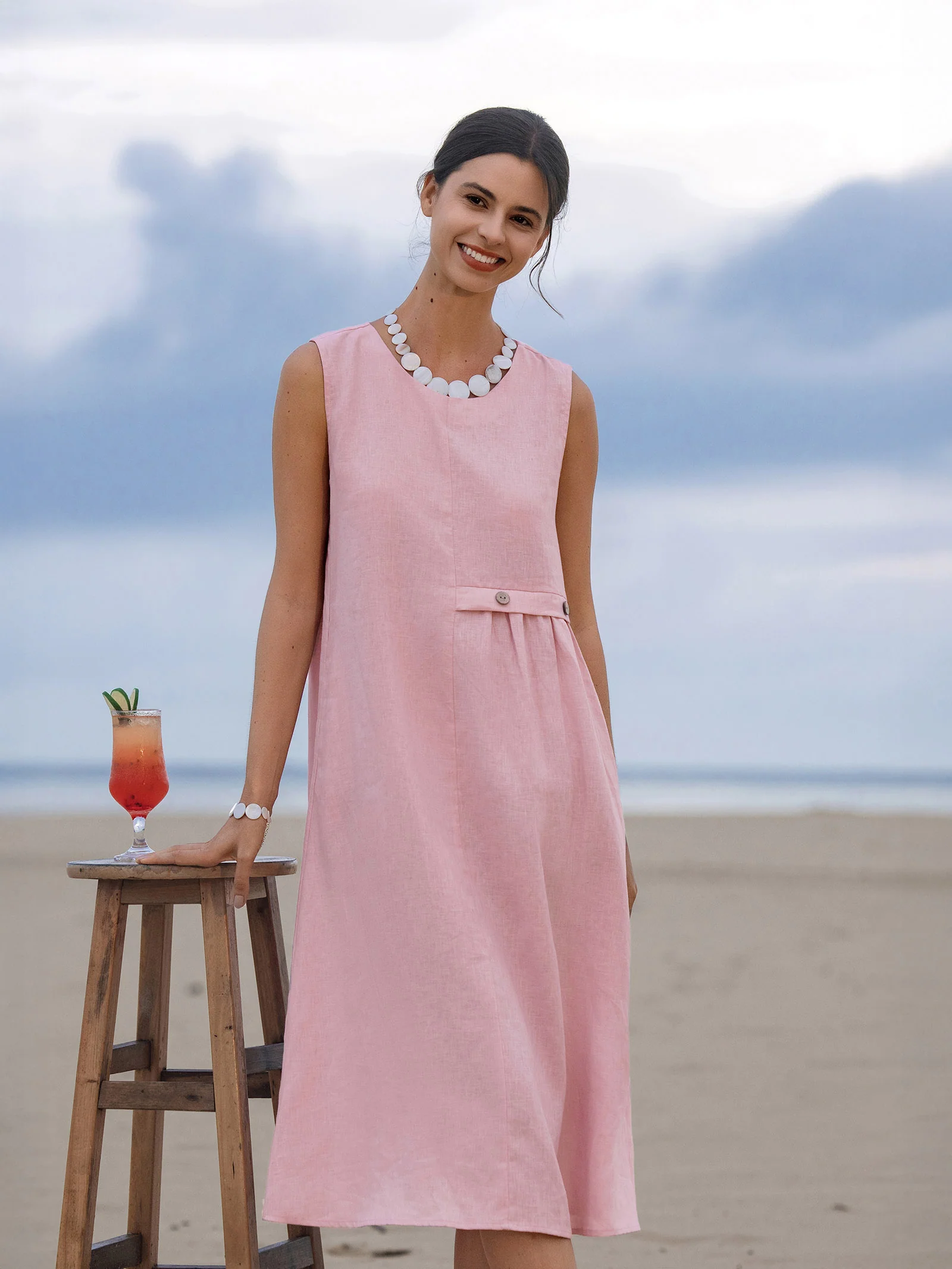 100% Linen Sleeveless Accordion Pleat Midi Dress TINA - Image 3