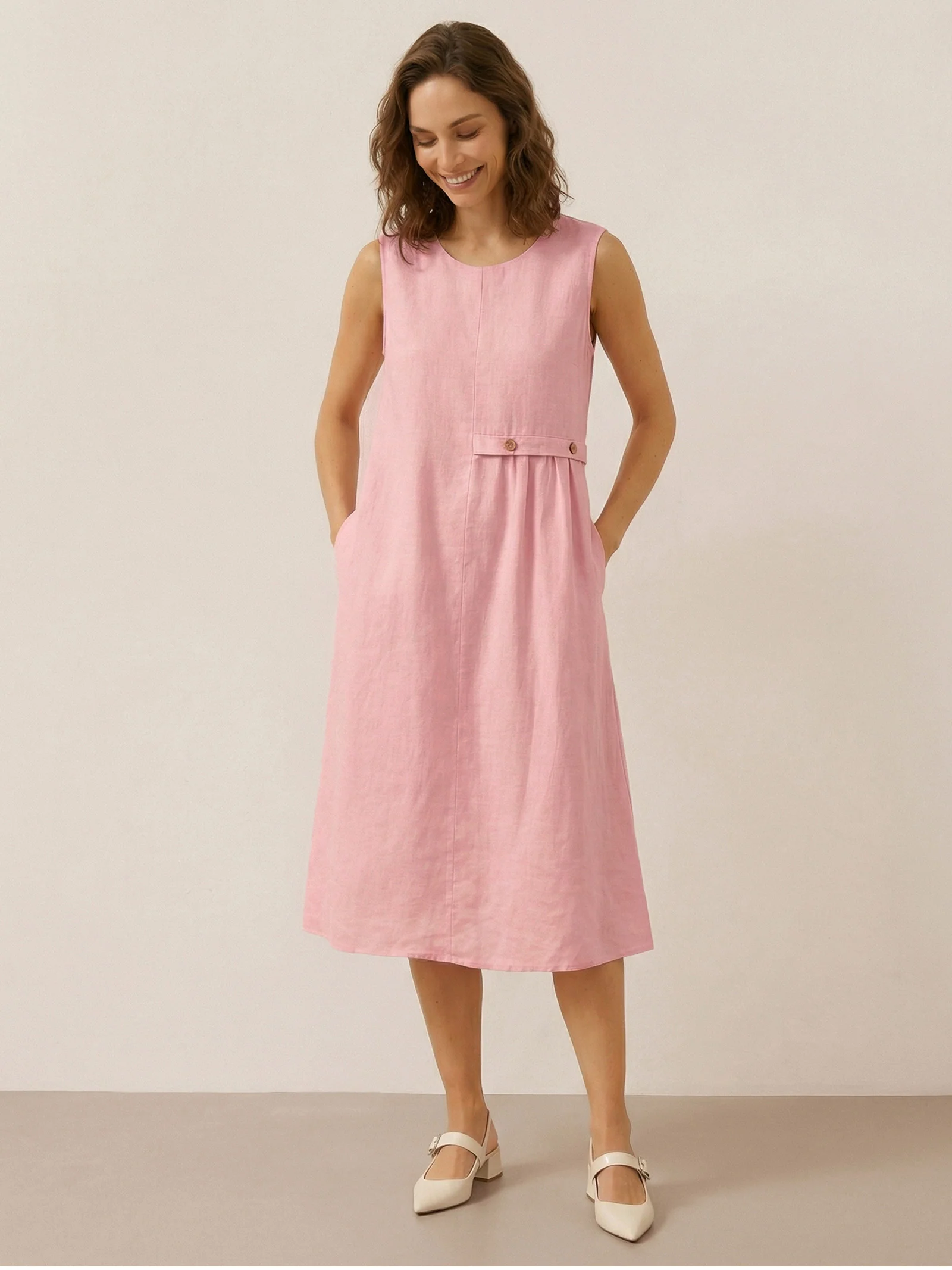 100% Linen Sleeveless Accordion Pleat Midi Dress TINA - Image 5