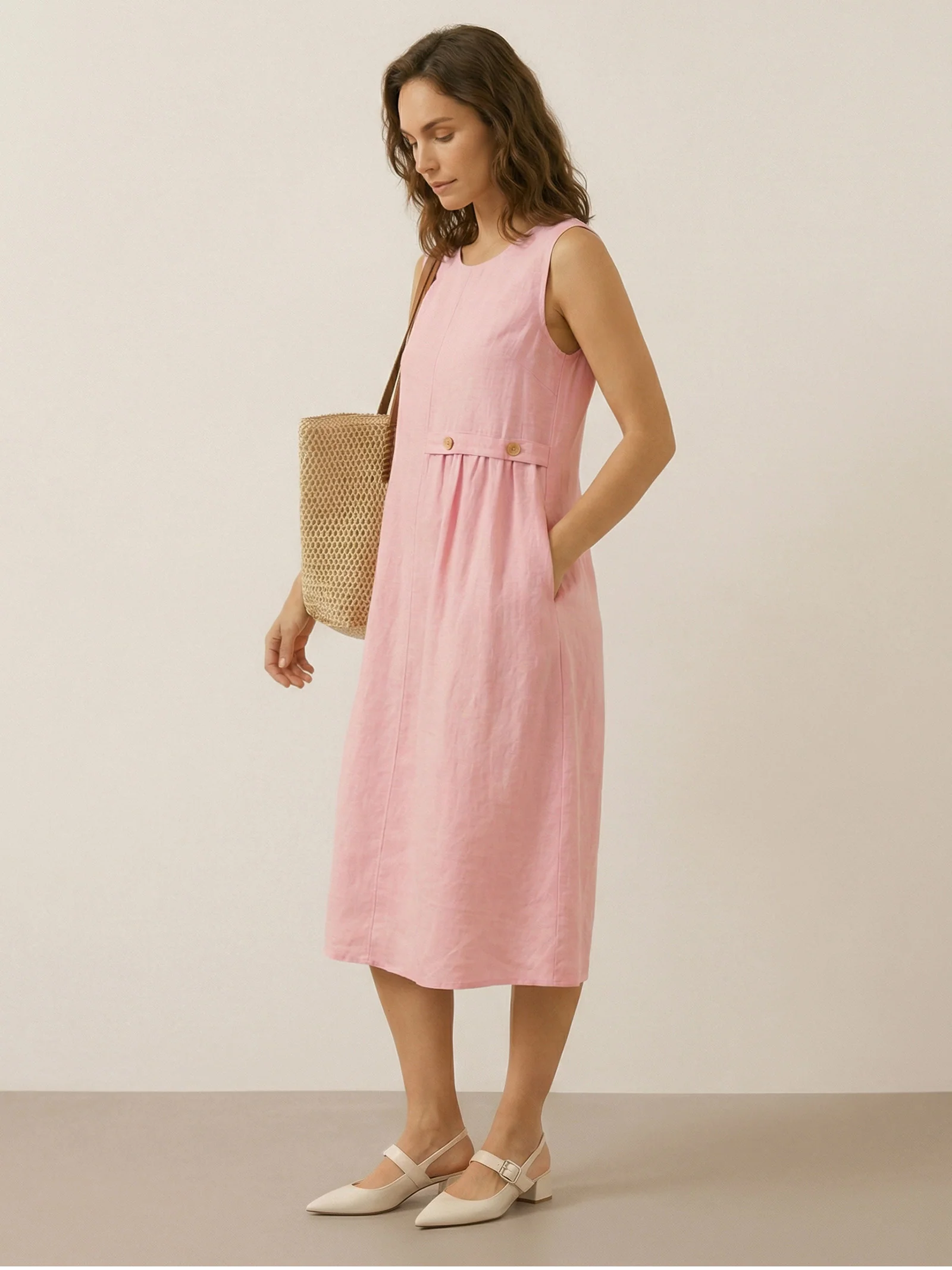 100% Linen Sleeveless Accordion Pleat Midi Dress TINA - Image 7