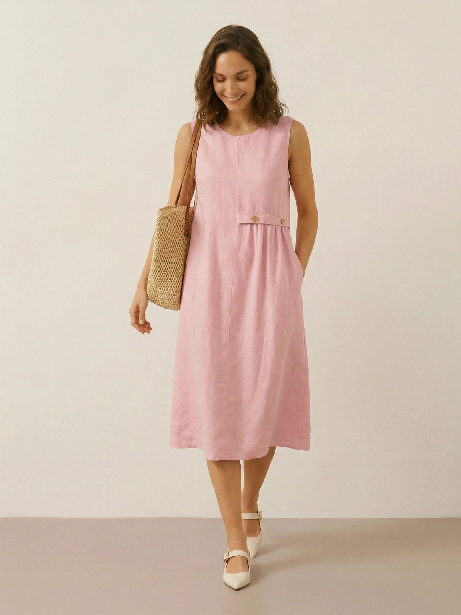 100% Linen Sleeveless Accordion Pleat Midi Dress TINA - Image 8