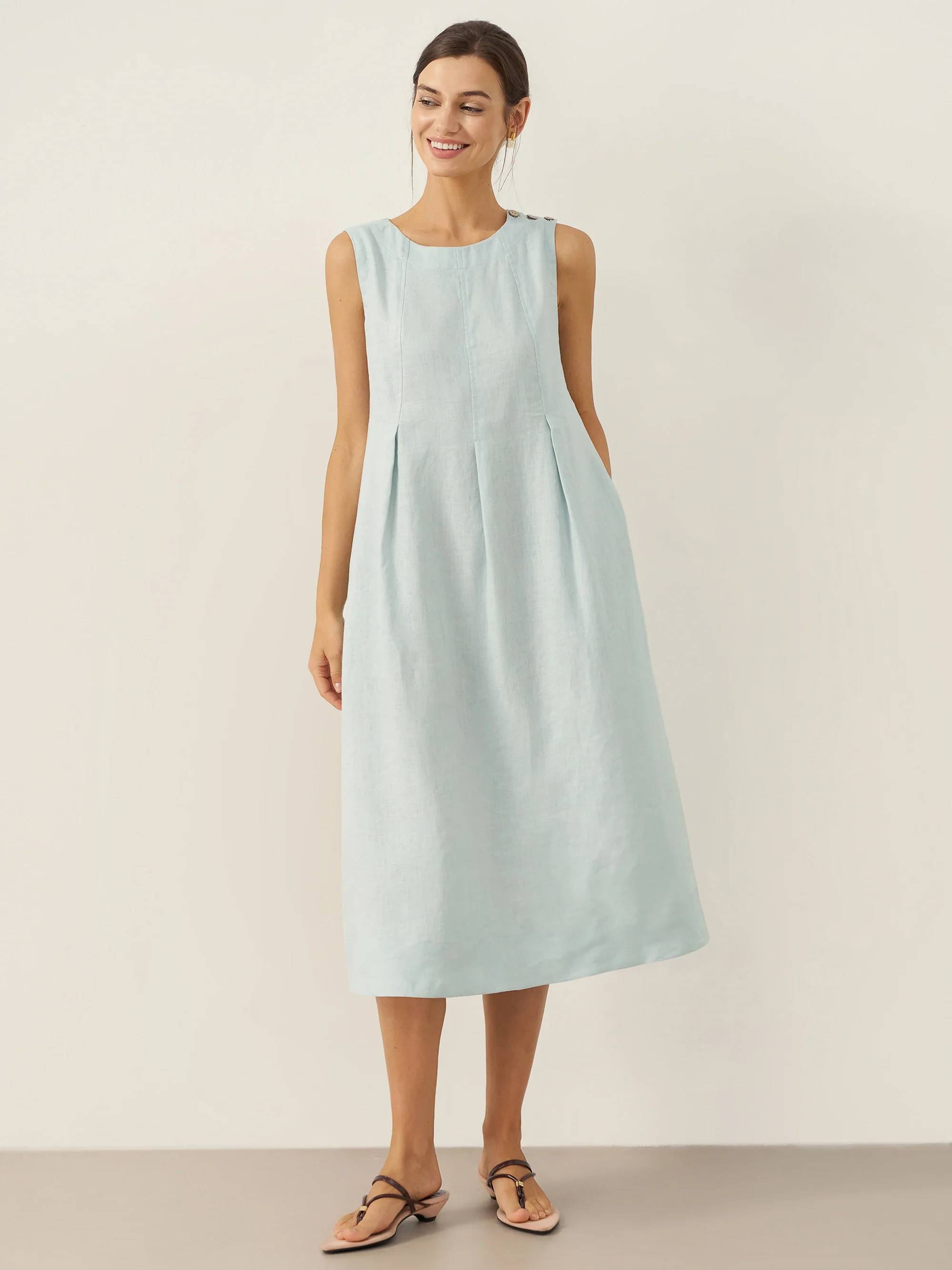 100% Linen Sleeveless Shoulder Button Midi Dress FREYA - Image 12