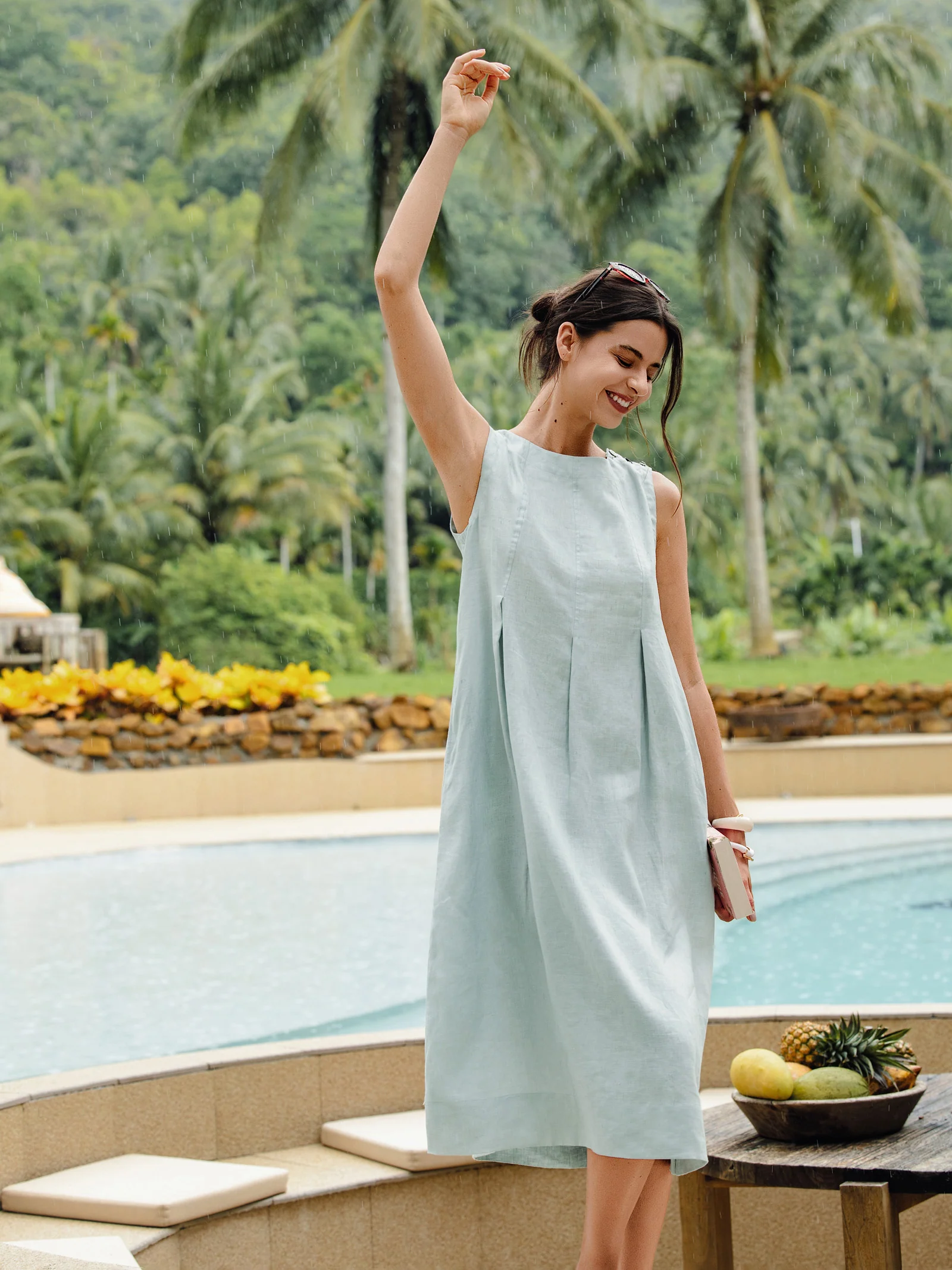 100% Linen Sleeveless Shoulder Button Midi Dress FREYA - Image 16