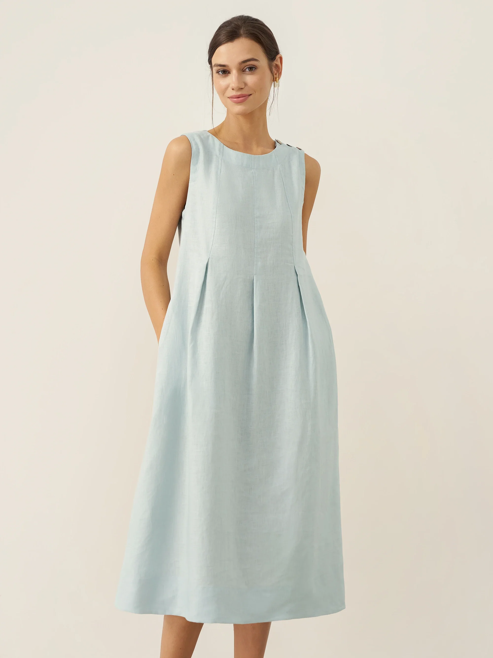 100% Linen Sleeveless Shoulder Button Midi Dress FREYA - Image 17