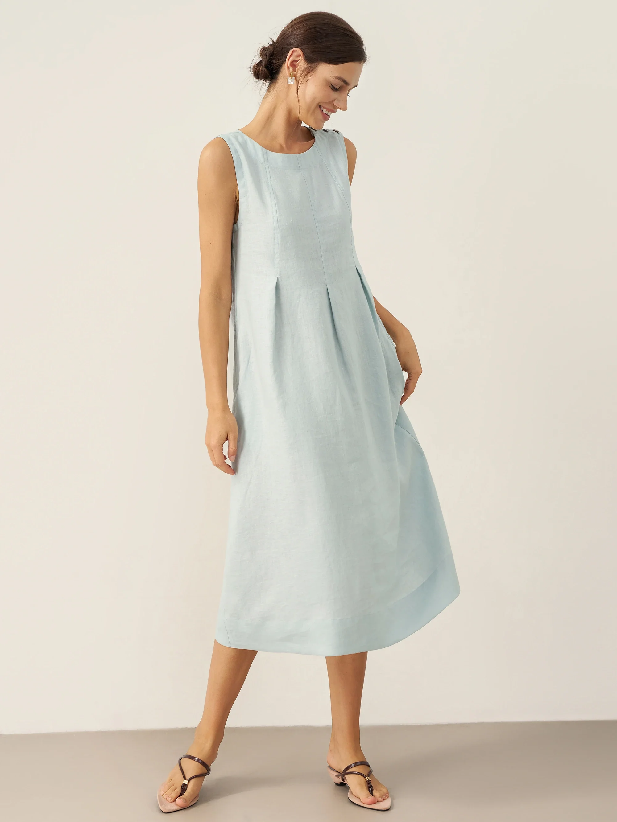 100% Linen Sleeveless Shoulder Button Midi Dress FREYA - Image 18