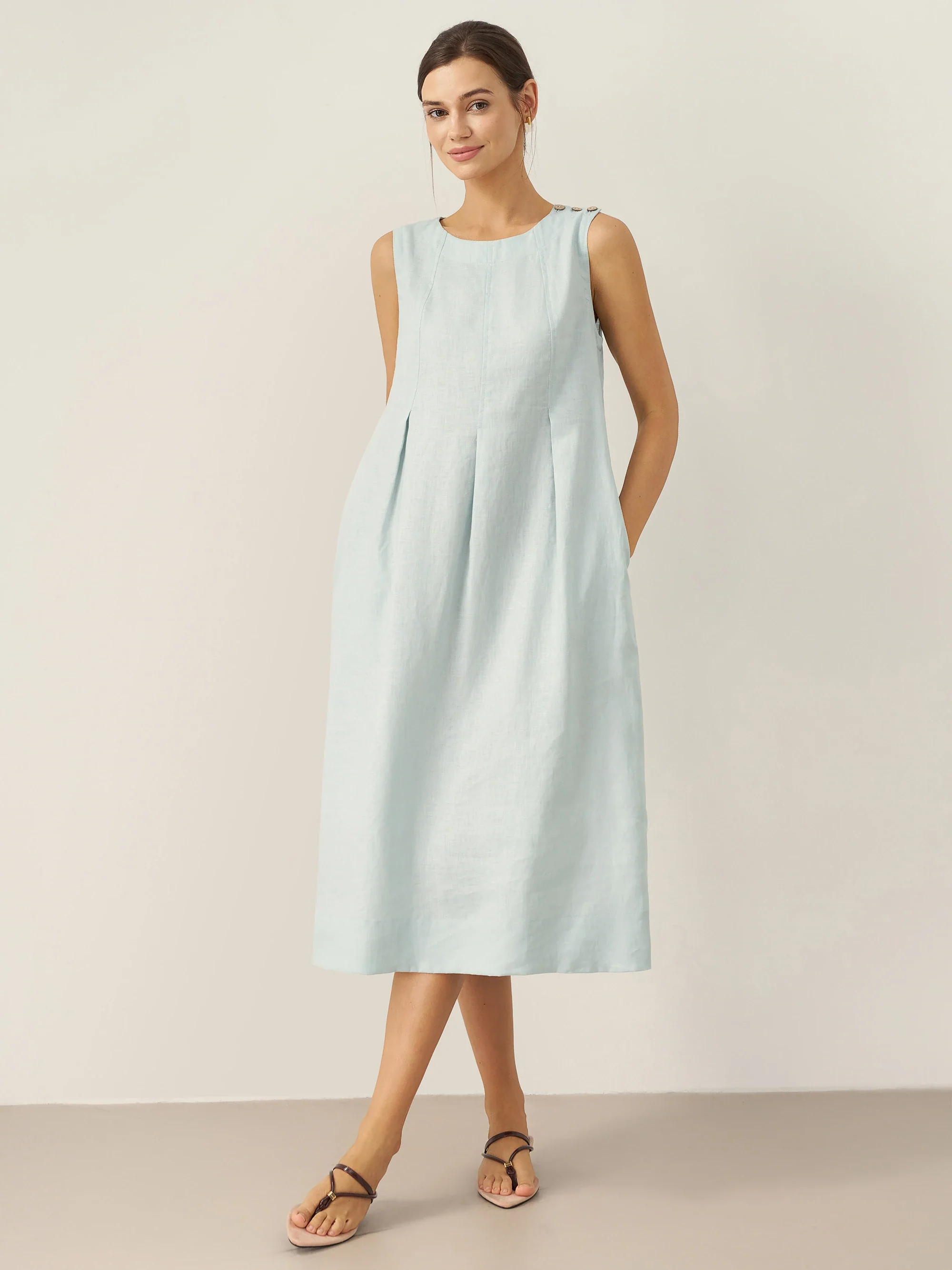 100% Linen Sleeveless Shoulder Button Midi Dress FREYA - Image 19