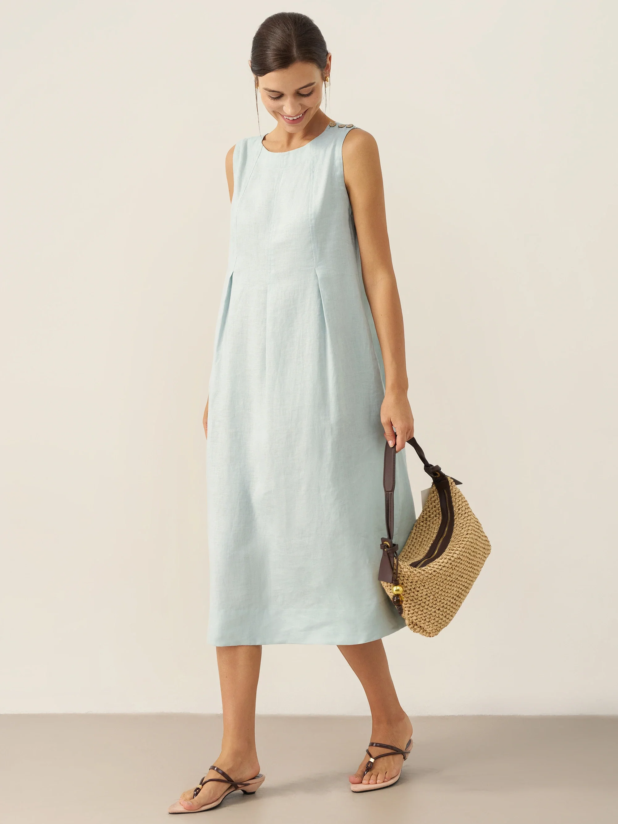 100% Linen Sleeveless Shoulder Button Midi Dress FREYA - Image 21