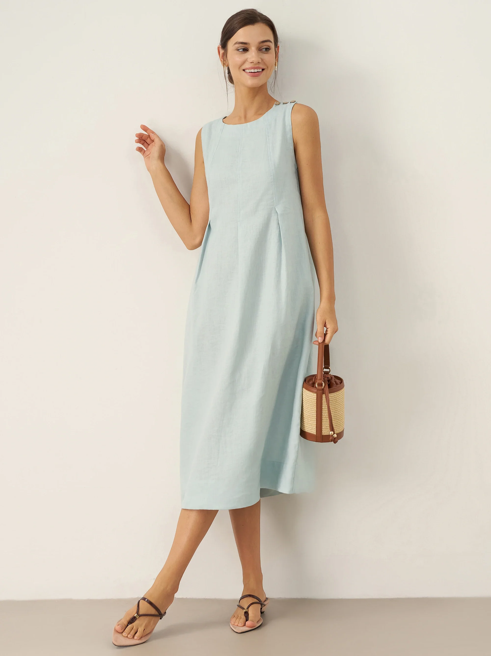 100% Linen Sleeveless Shoulder Button Midi Dress FREYA - Image 22