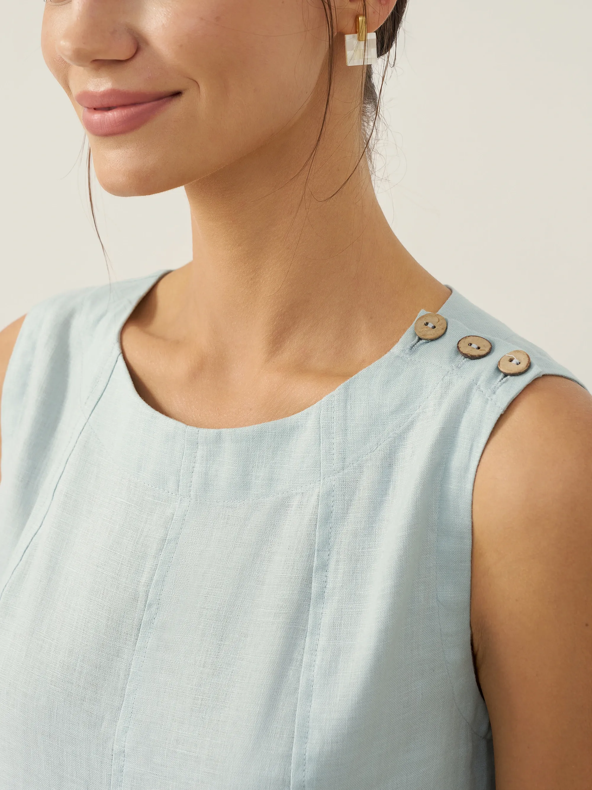 100% Linen Sleeveless Shoulder Button Midi Dress FREYA - Image 23