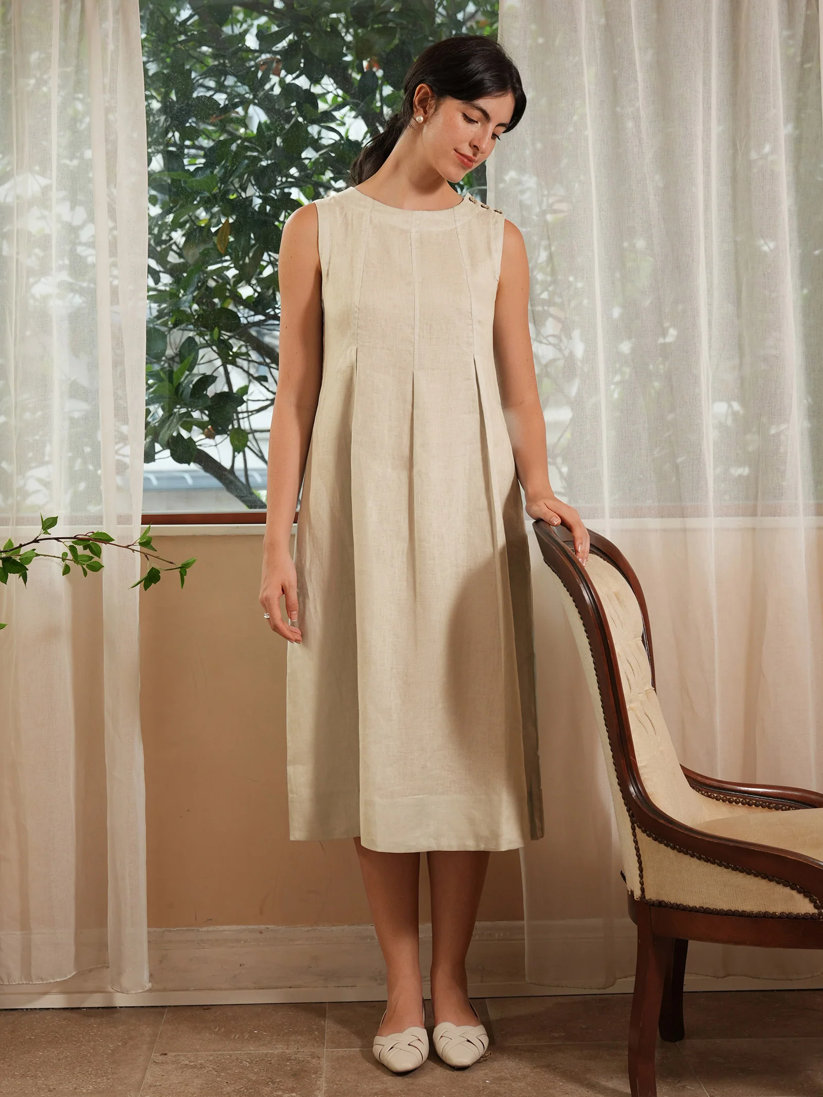 100% Linen Sleeveless Shoulder Button Midi Dress FREYA - Image 3