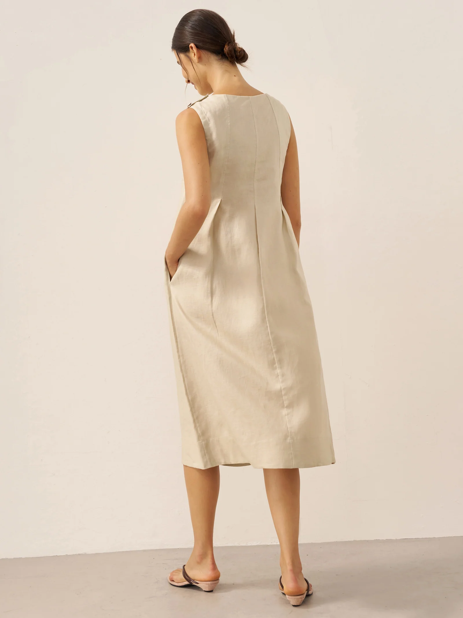 100% Linen Sleeveless Shoulder Button Midi Dress FREYA - Image 4