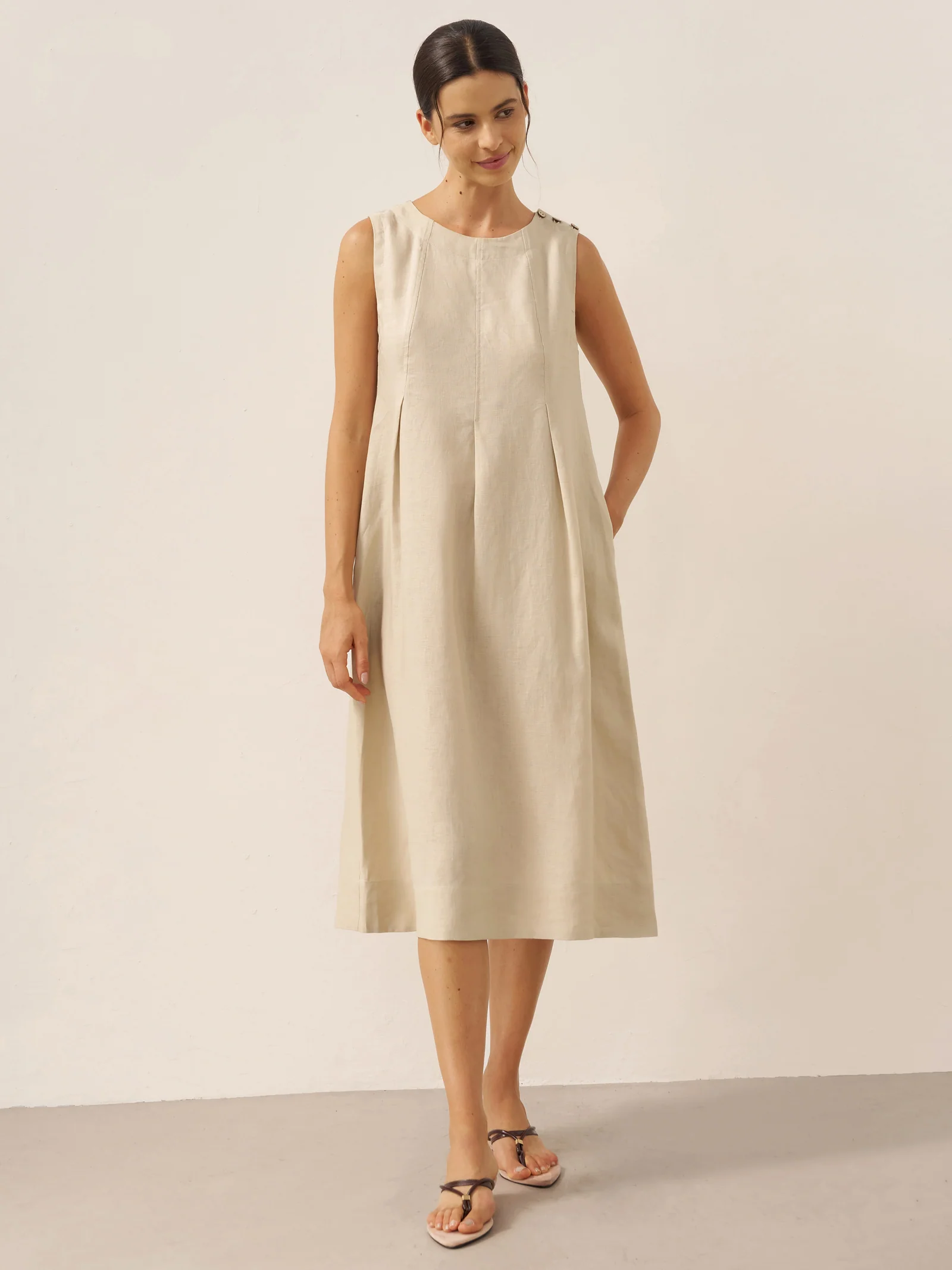100% Linen Sleeveless Shoulder Button Midi Dress FREYA - Image 5