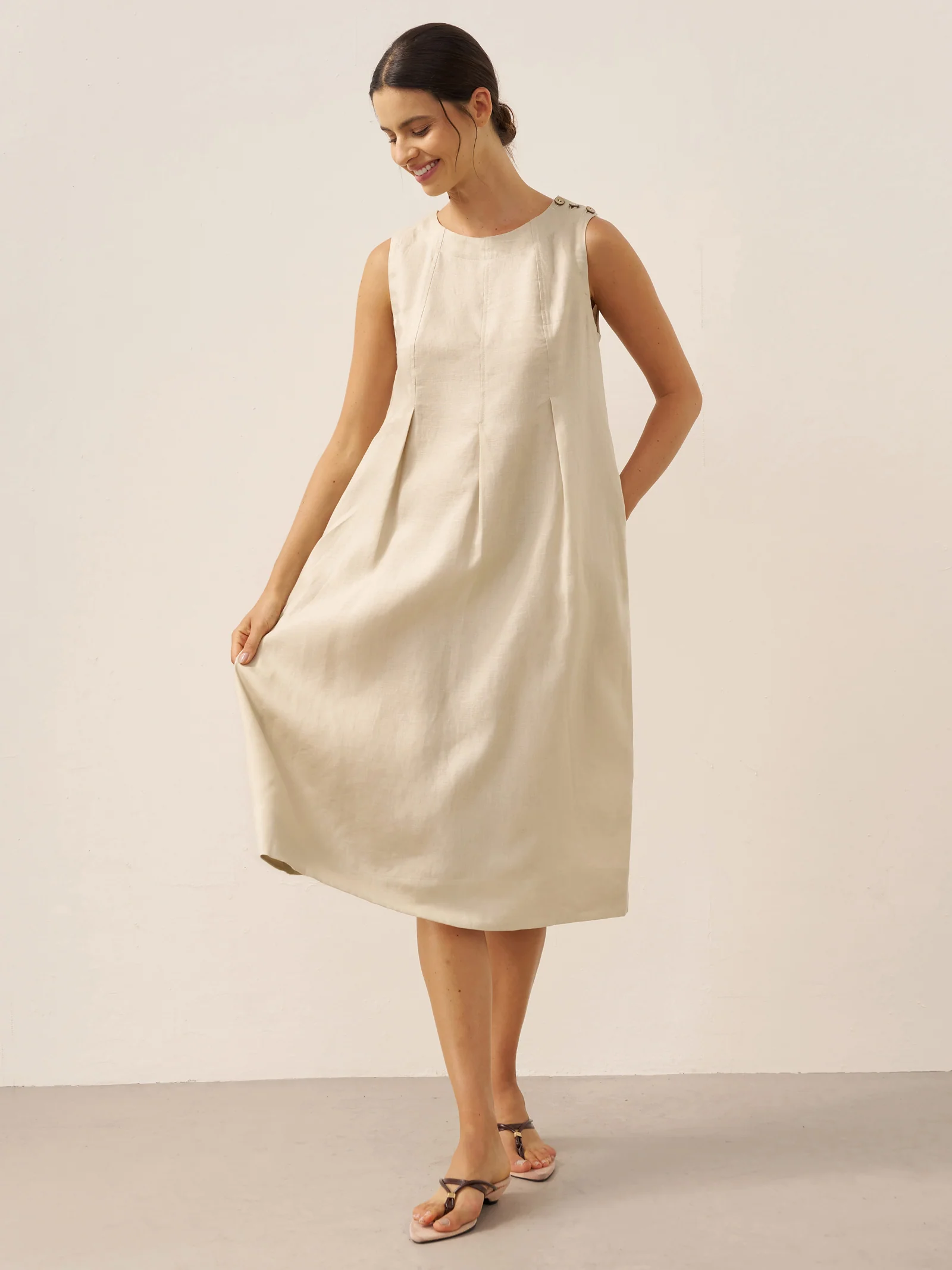 100% Linen Sleeveless Shoulder Button Midi Dress FREYA - Image 6
