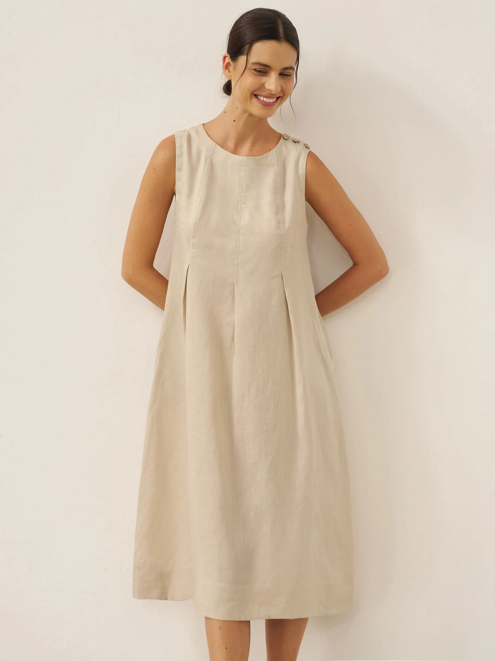 100% Linen Sleeveless Shoulder Button Midi Dress FREYA - Image 7