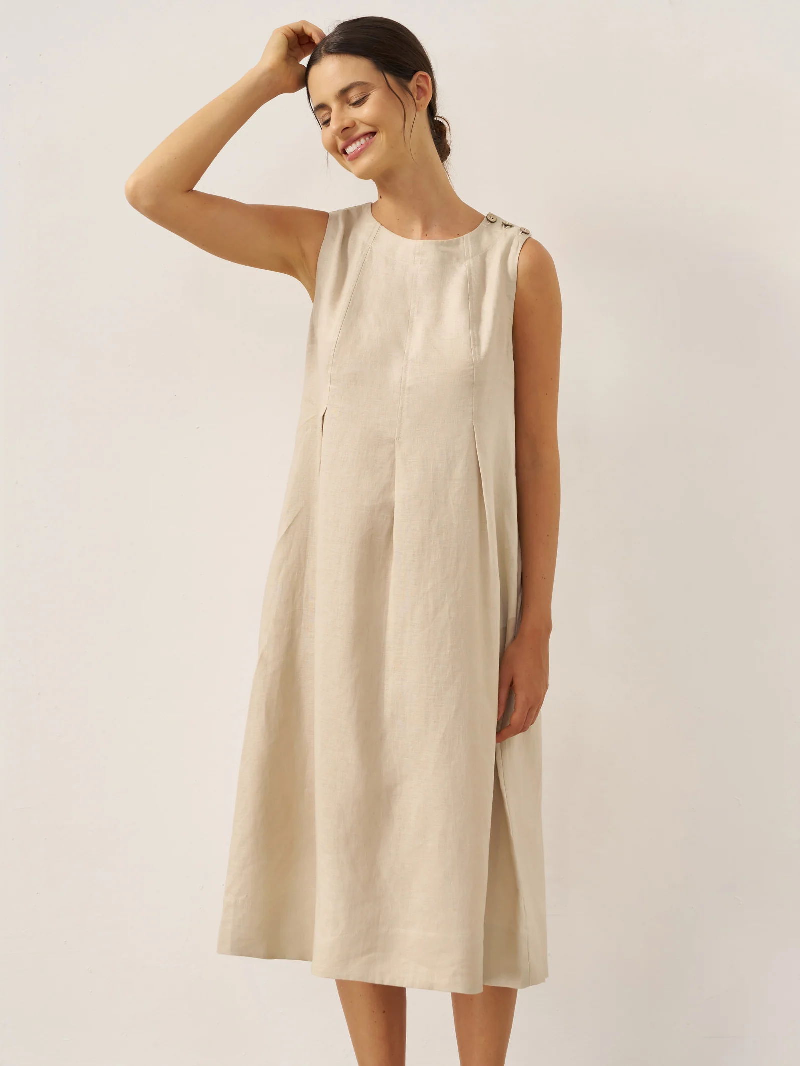 100% Linen Sleeveless Shoulder Button Midi Dress FREYA - Image 8