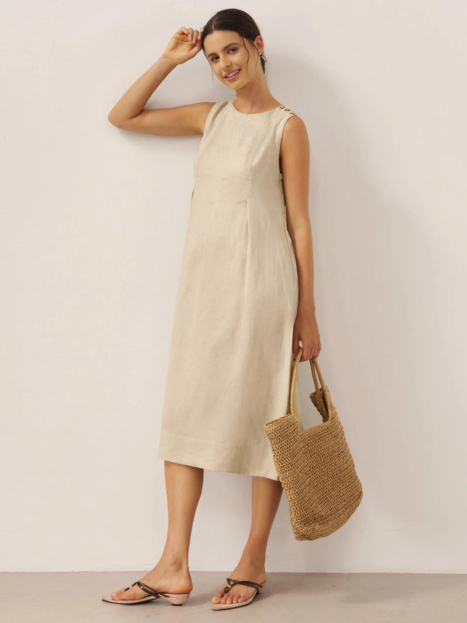 100% Linen Sleeveless Shoulder Button Midi Dress FREYA - Image 9