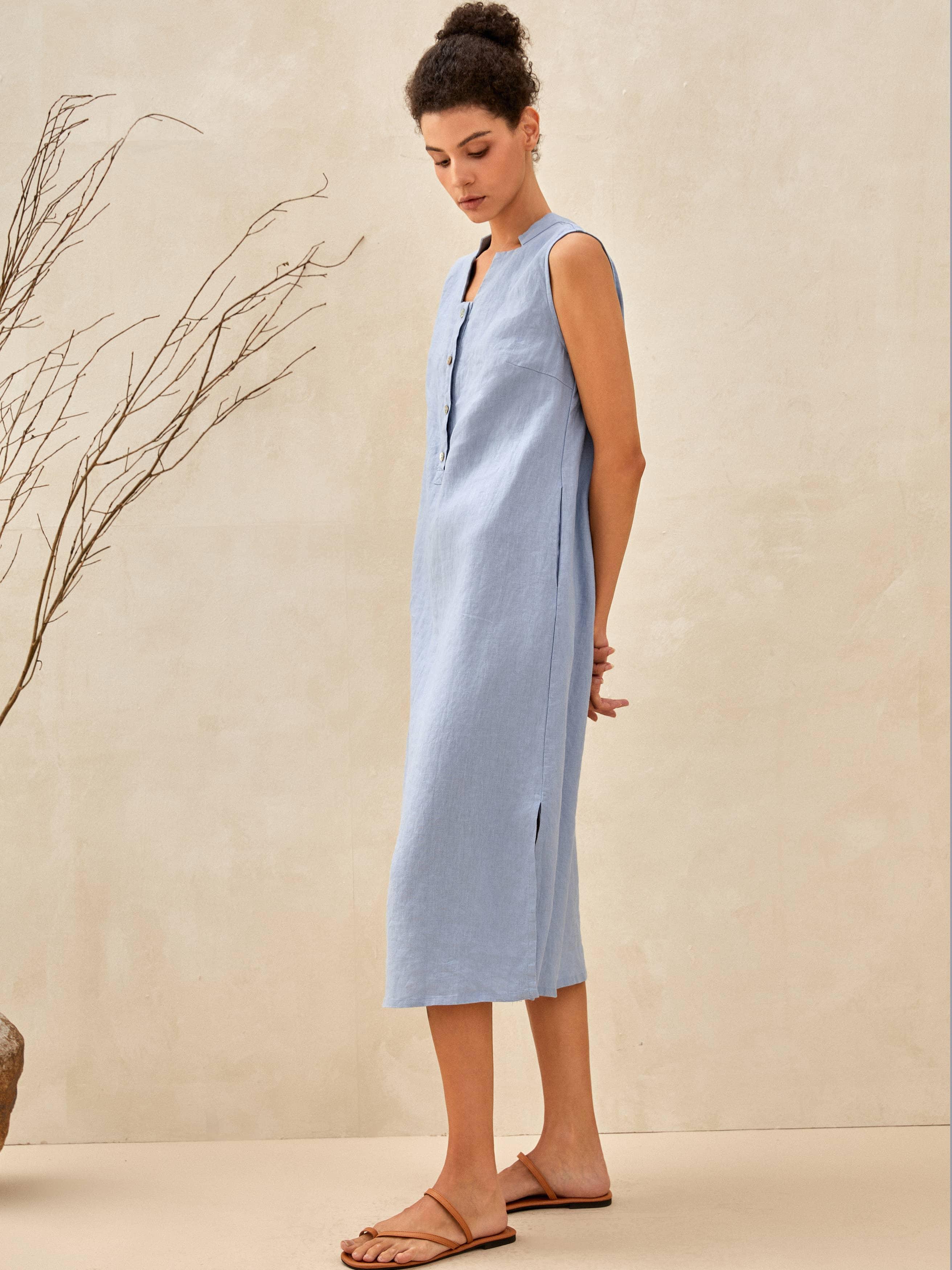 100% Linen Sleeveless Straight High Slit Maxi Dress TAYLOR - Image 3