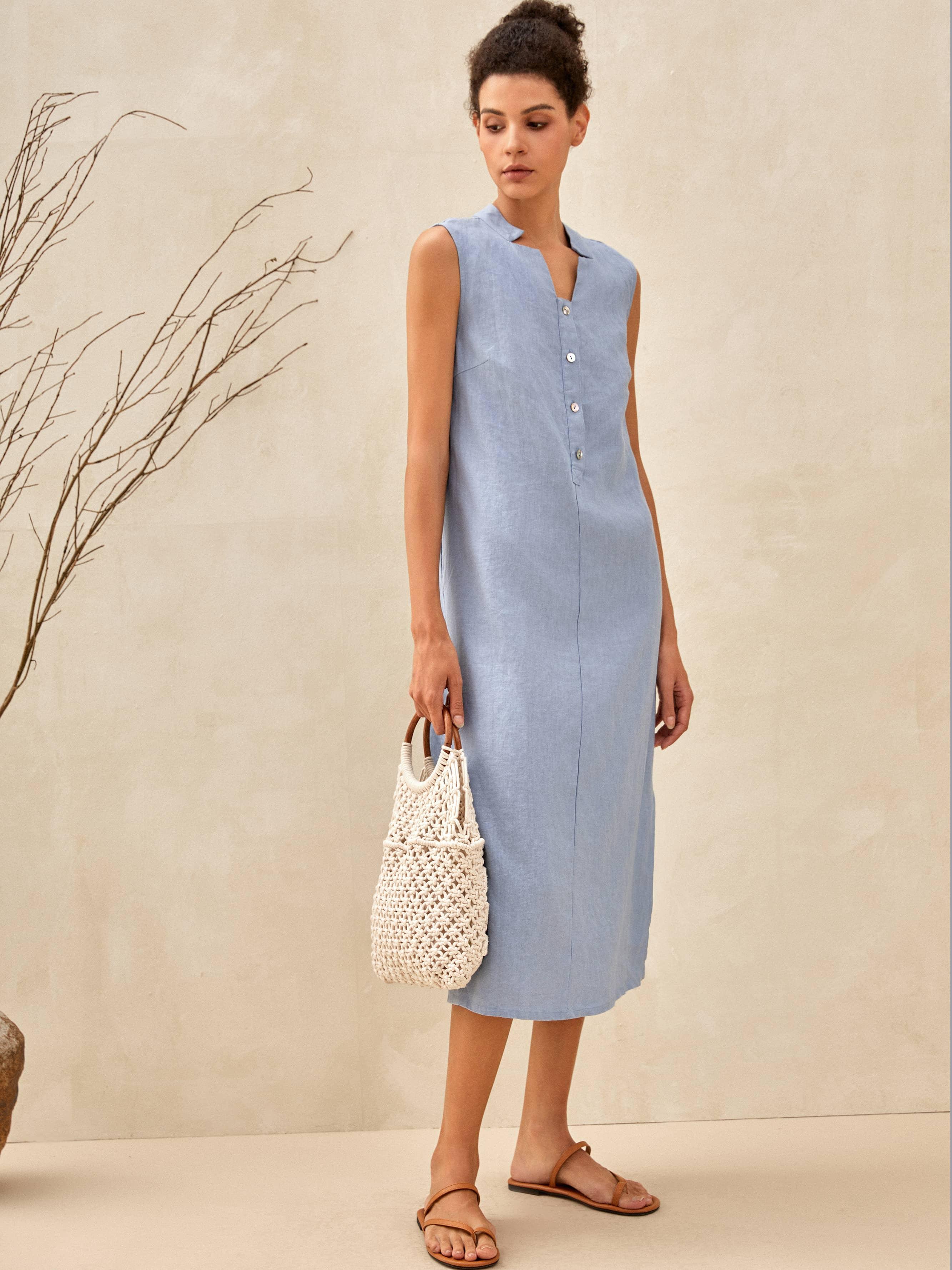 100% Linen Sleeveless Straight High Slit Maxi Dress TAYLOR - Image 4
