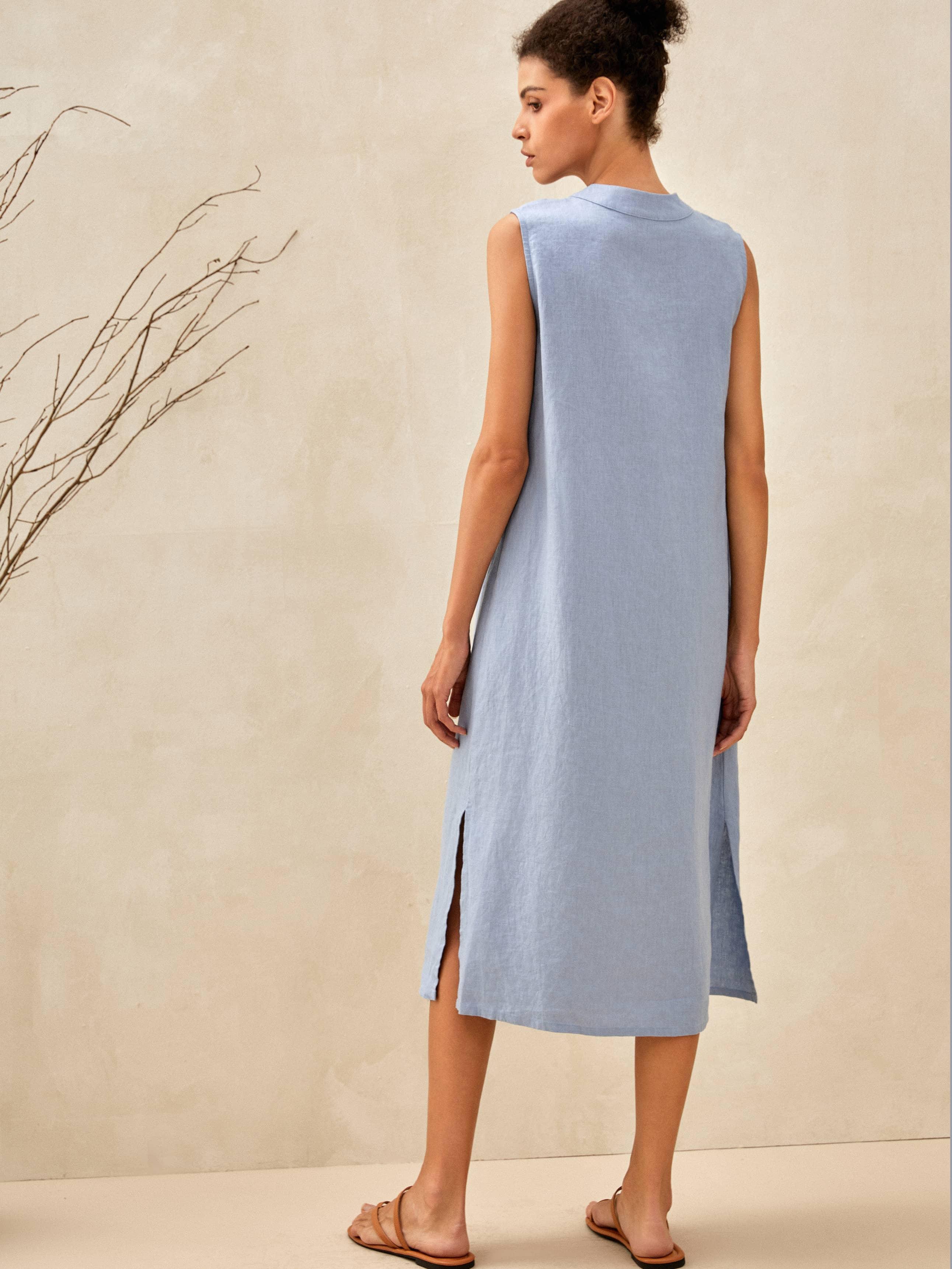 100% Linen Sleeveless Straight High Slit Maxi Dress TAYLOR - Image 5