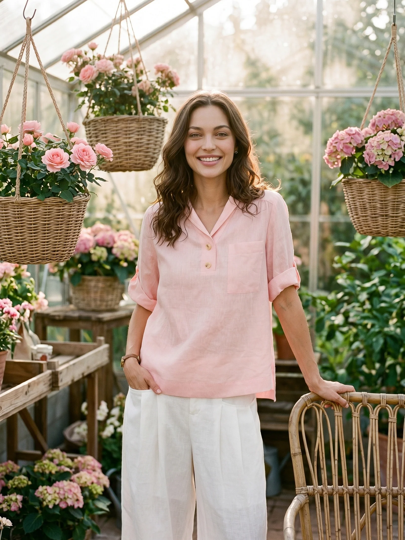 100% Linen Soft Collar Tab Sleeve Top OLGA - Image 2