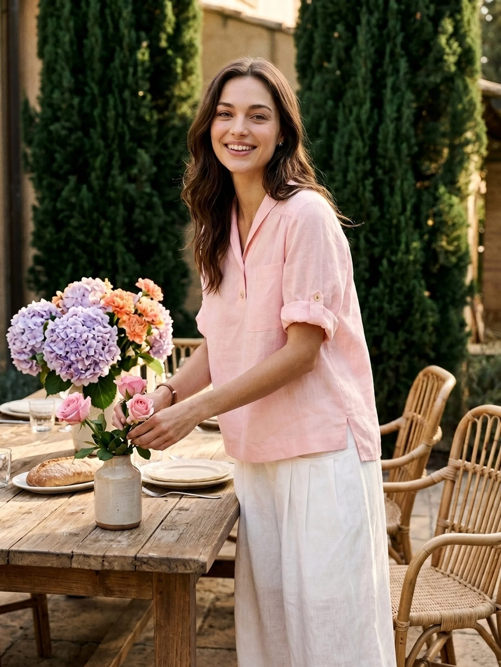 100% Linen Soft Collar Tab Sleeve Top OLGA - Image 3