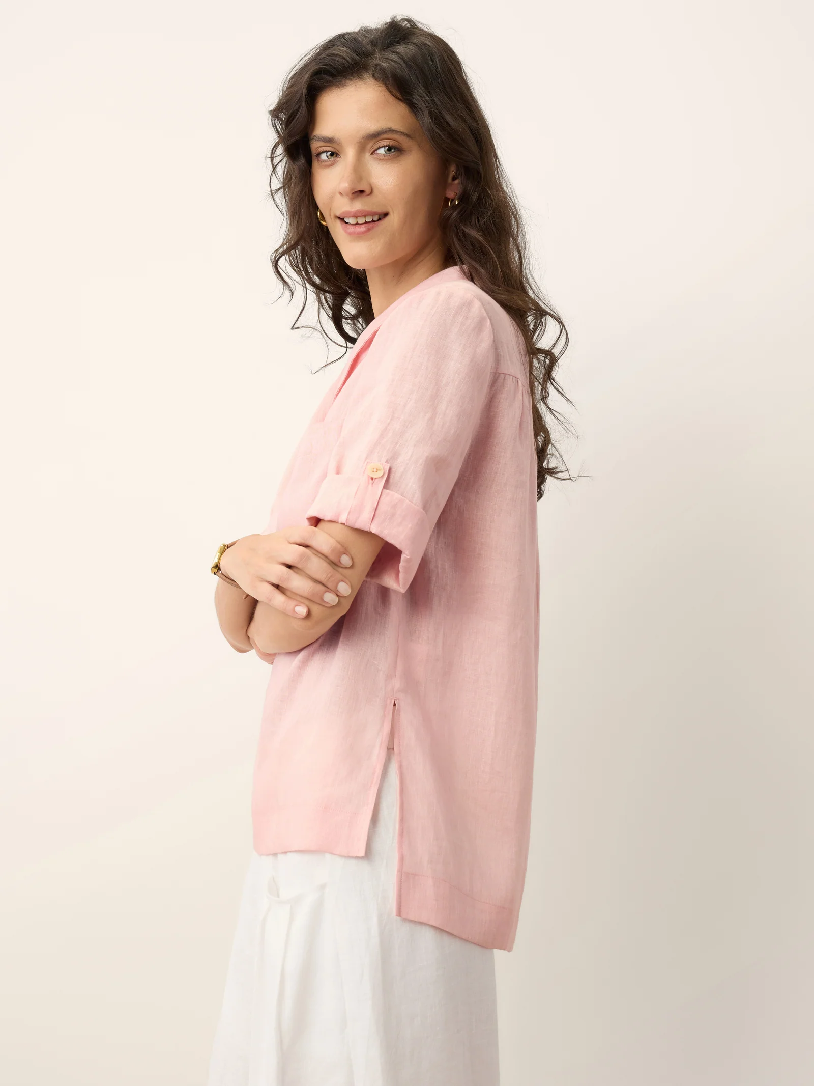 100% Linen Soft Collar Tab Sleeve Top OLGA - Image 4