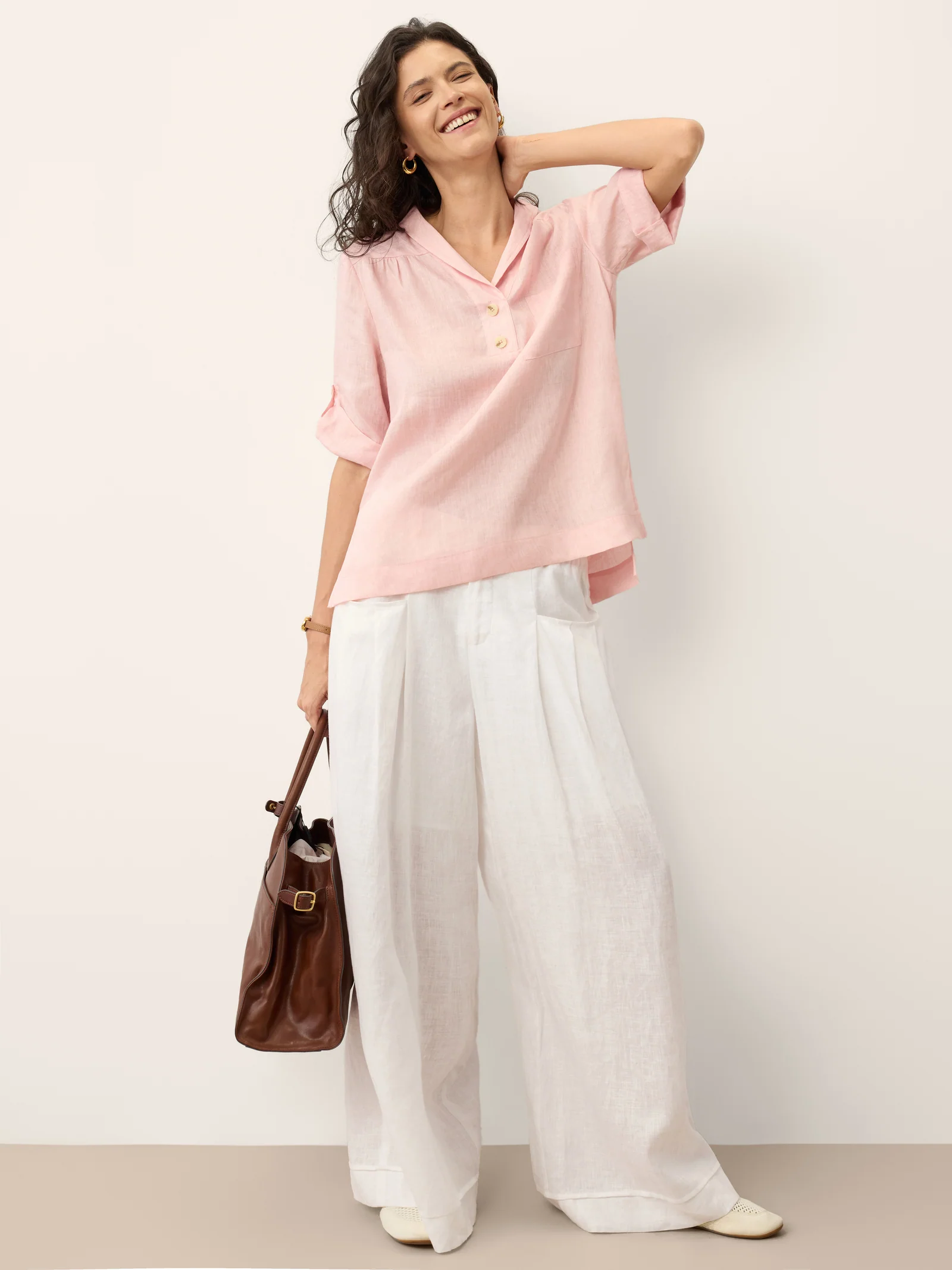 100% Linen Soft Collar Tab Sleeve Top OLGA - Image 8