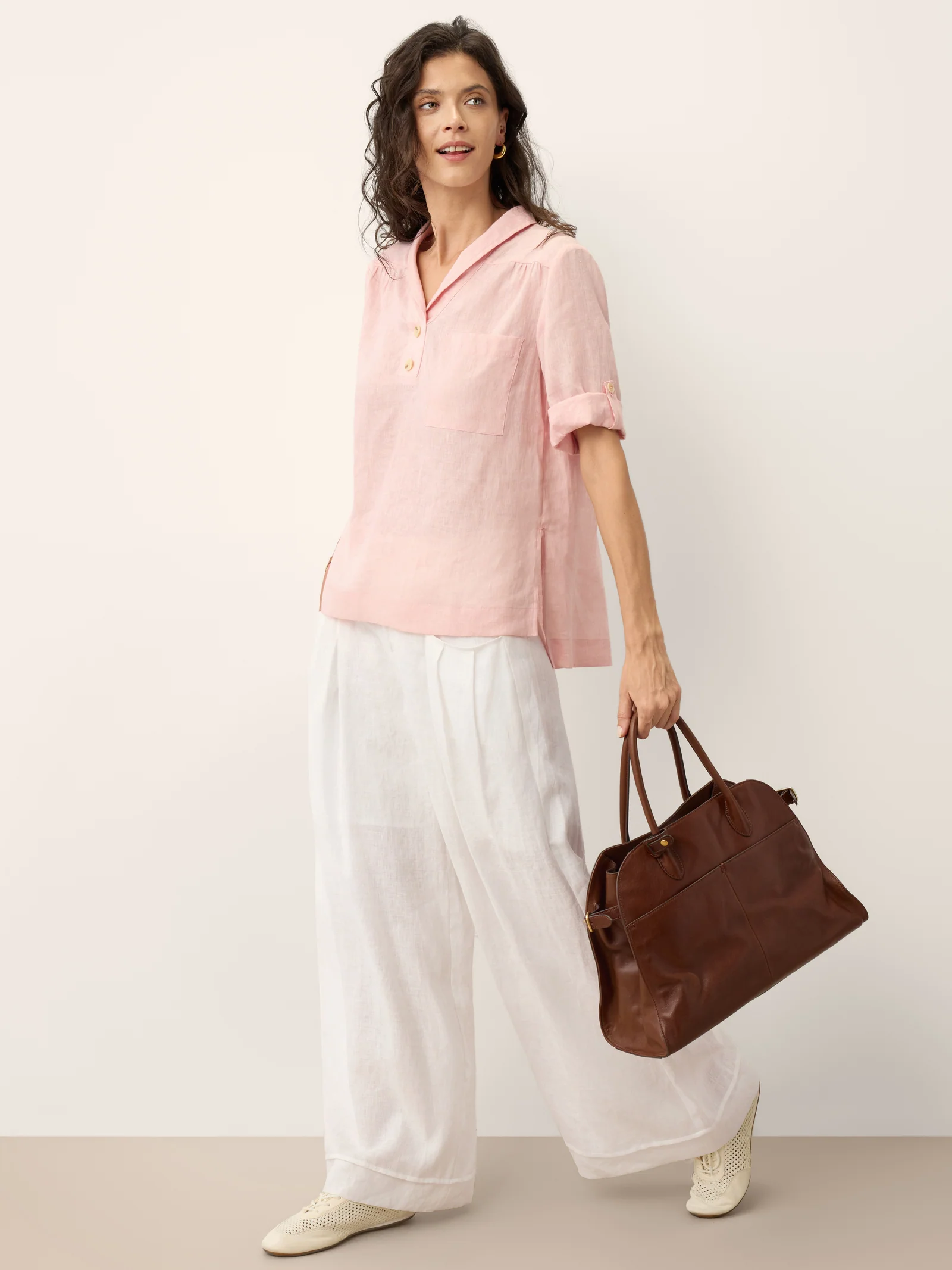 100% Linen Soft Collar Tab Sleeve Top OLGA - Image 9