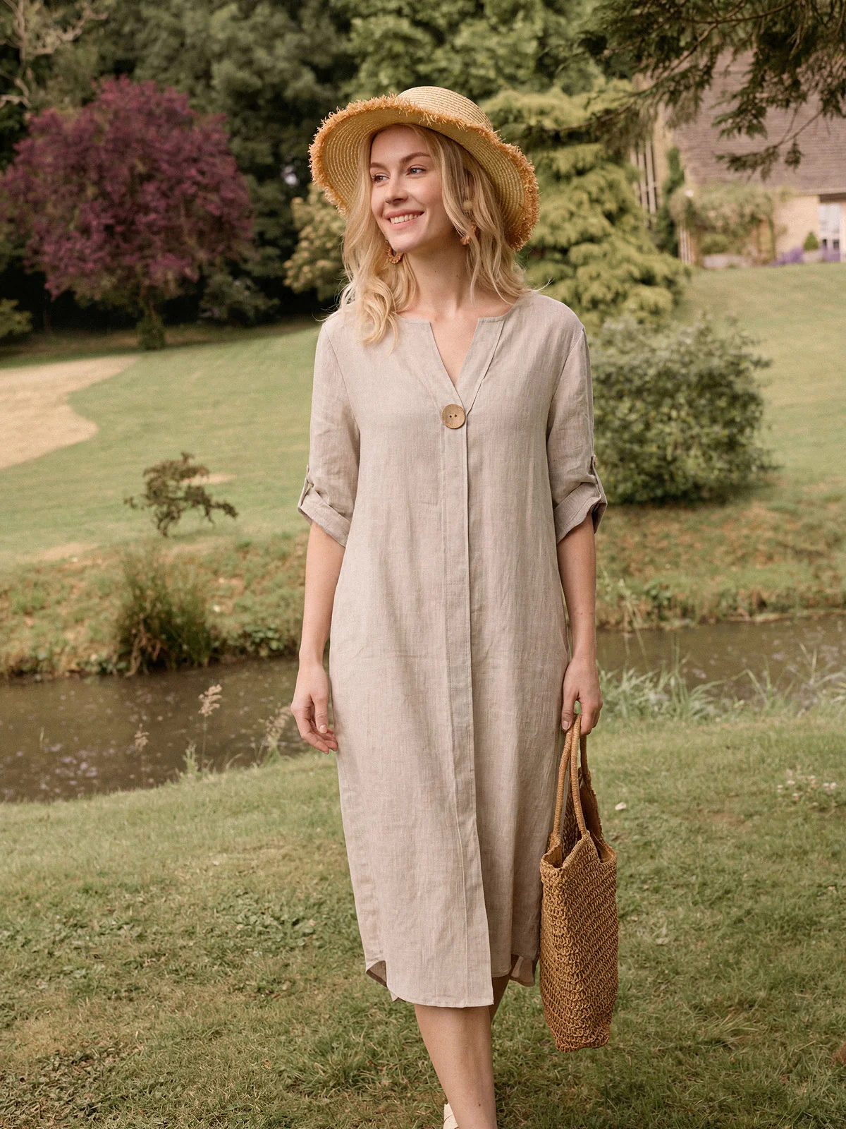 100% Linen Stand Collar V-Slit Tab Sleeve Maxi Dress LEORA - Image 2