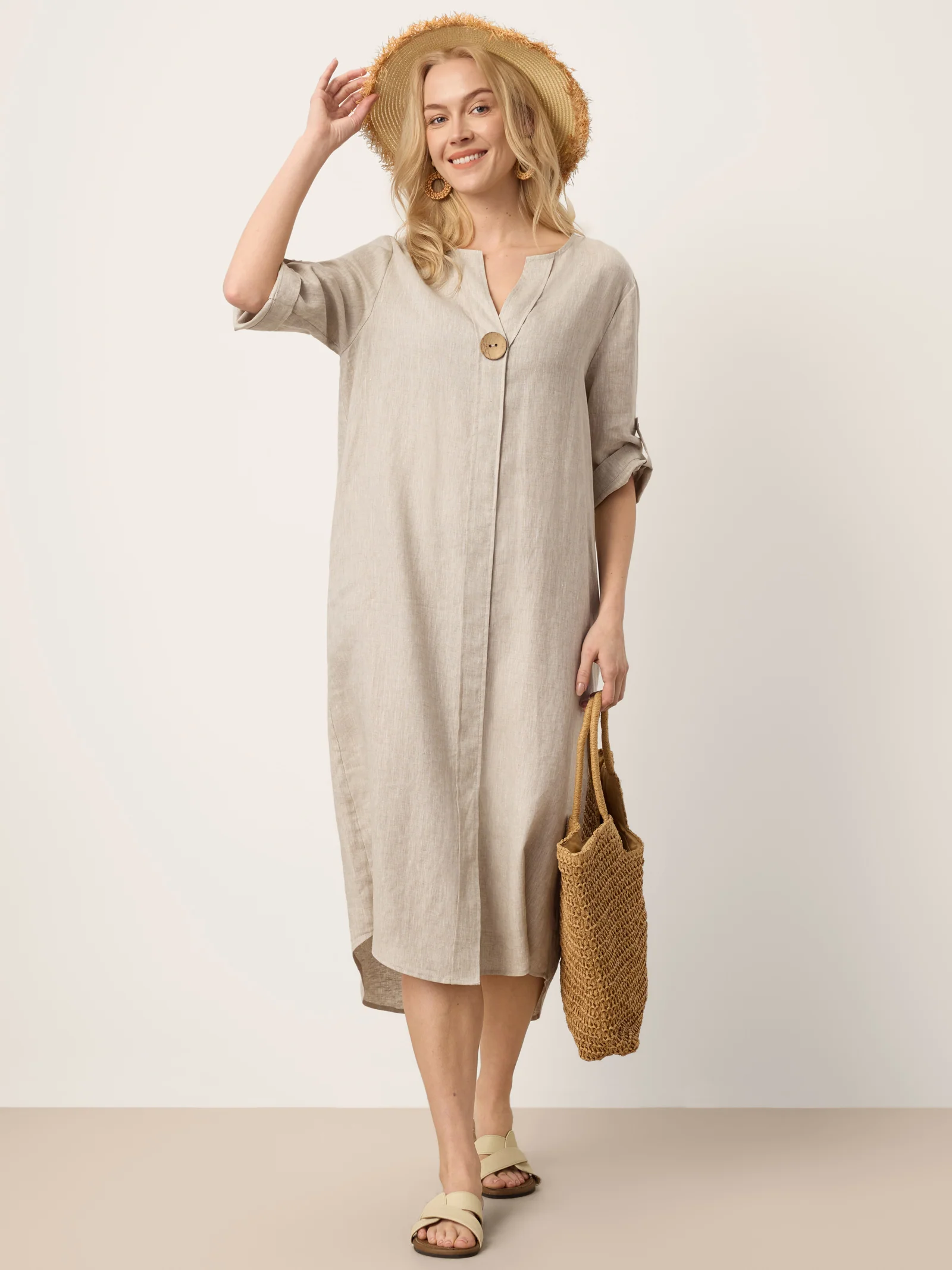 100% Linen Stand Collar V-Slit Tab Sleeve Maxi Dress LEORA - Image 9