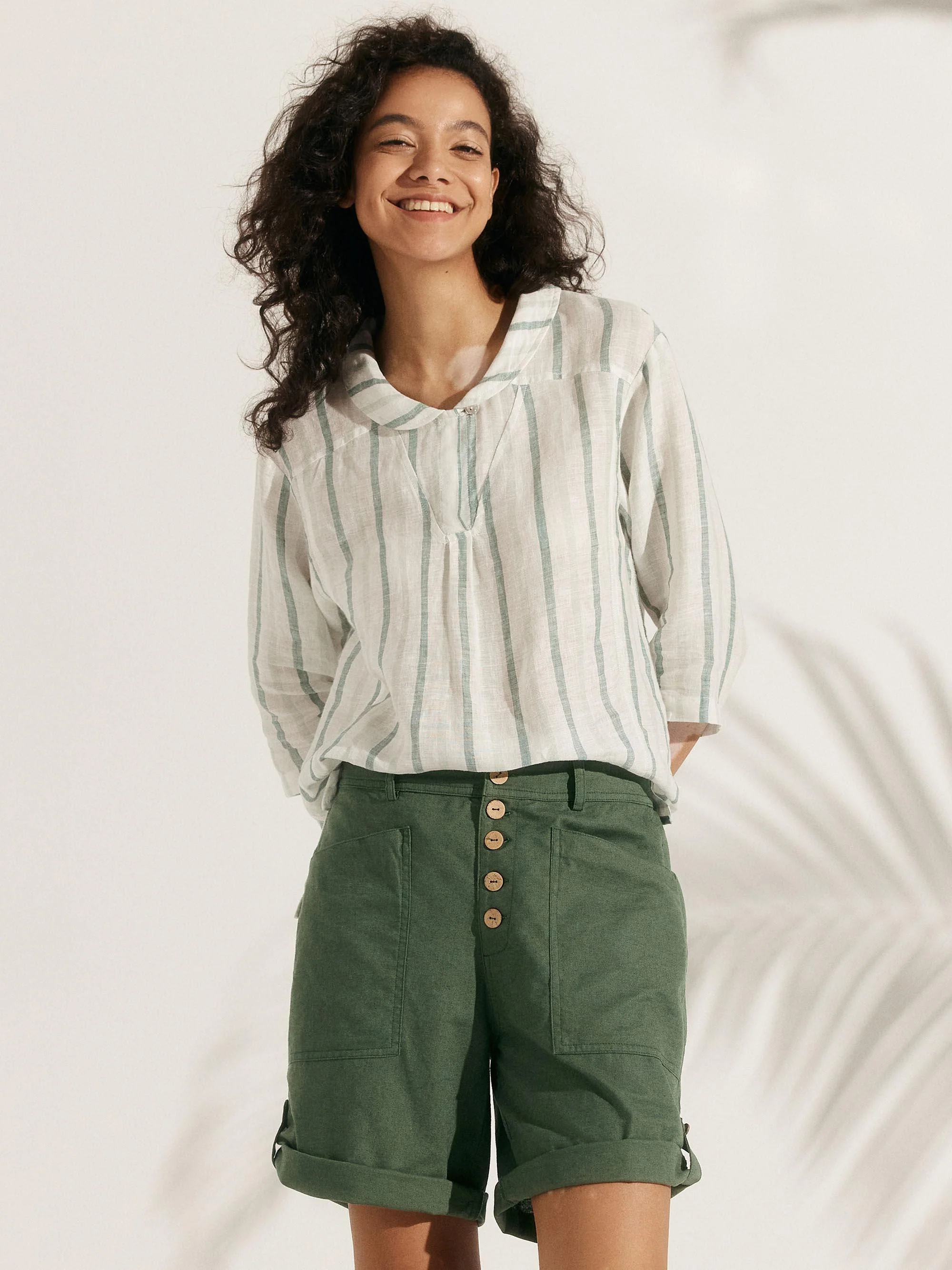 100% Linen Stripe Shawl V-Neck Half Sleeve Top JADE - Image 6