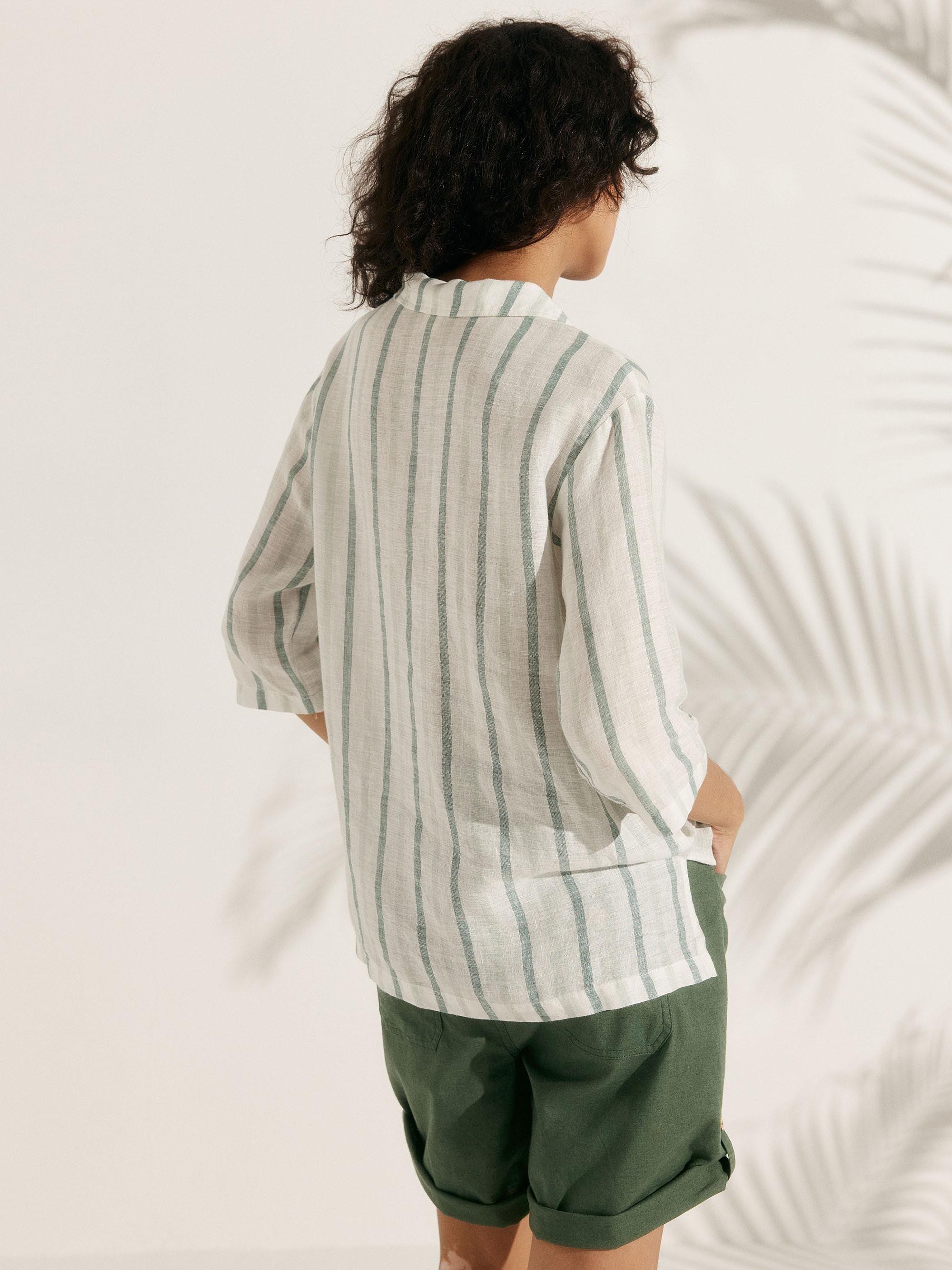 100% Linen Stripe Shawl V-Neck Half Sleeve Top JADE - Image 8