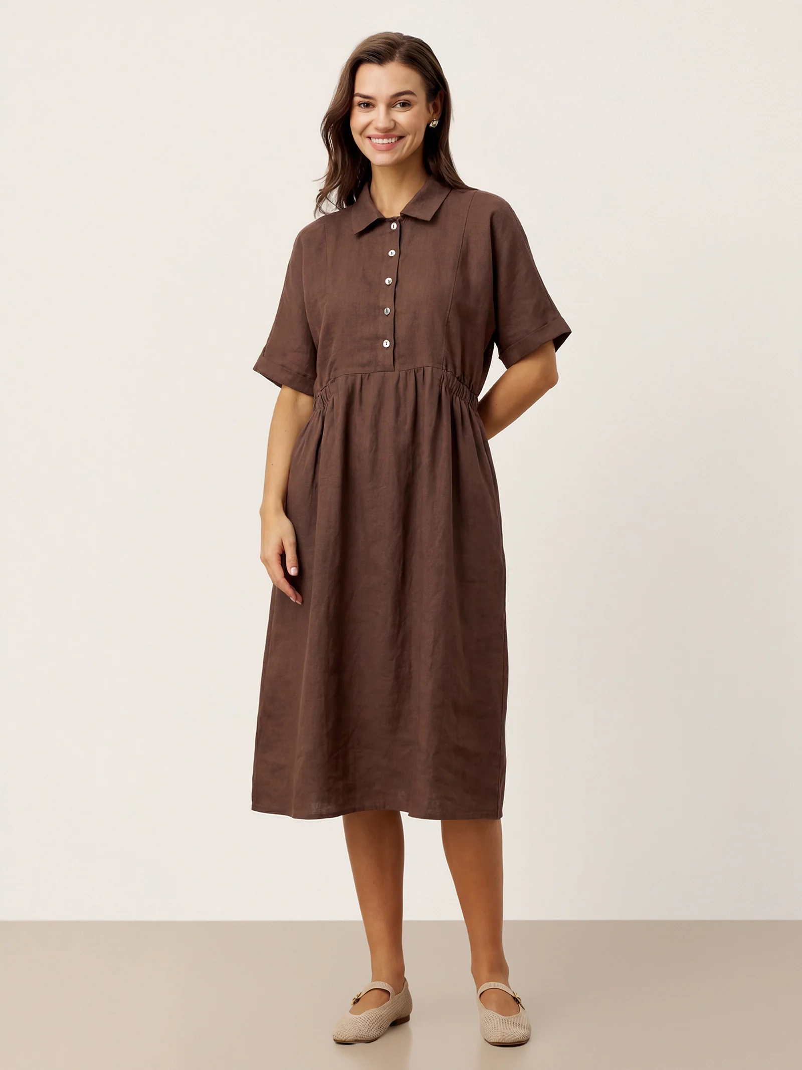 100% Linen Striped Buttoned Front Short Sleeve Midi Shirt Dress CASSANDRA