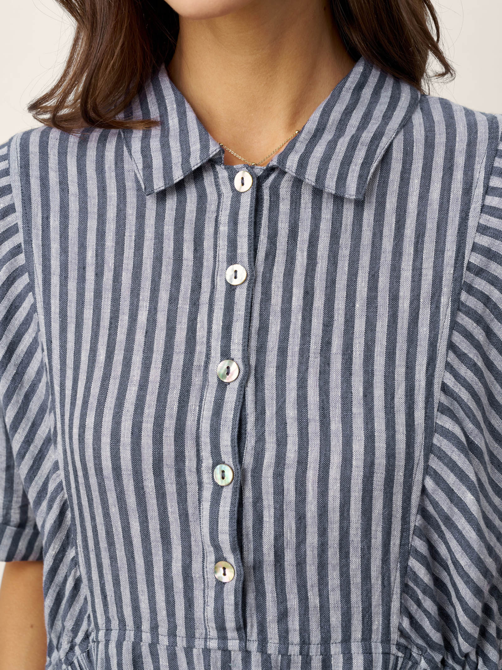 100% Linen Striped Buttoned Front Short Sleeve Midi Shirt Dress CASSANDRA - Image 10