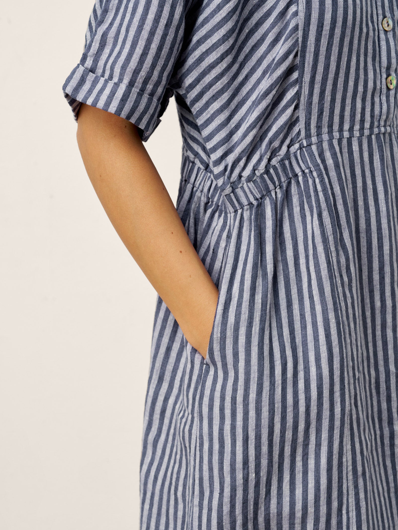 100% Linen Striped Buttoned Front Short Sleeve Midi Shirt Dress CASSANDRA - Image 11