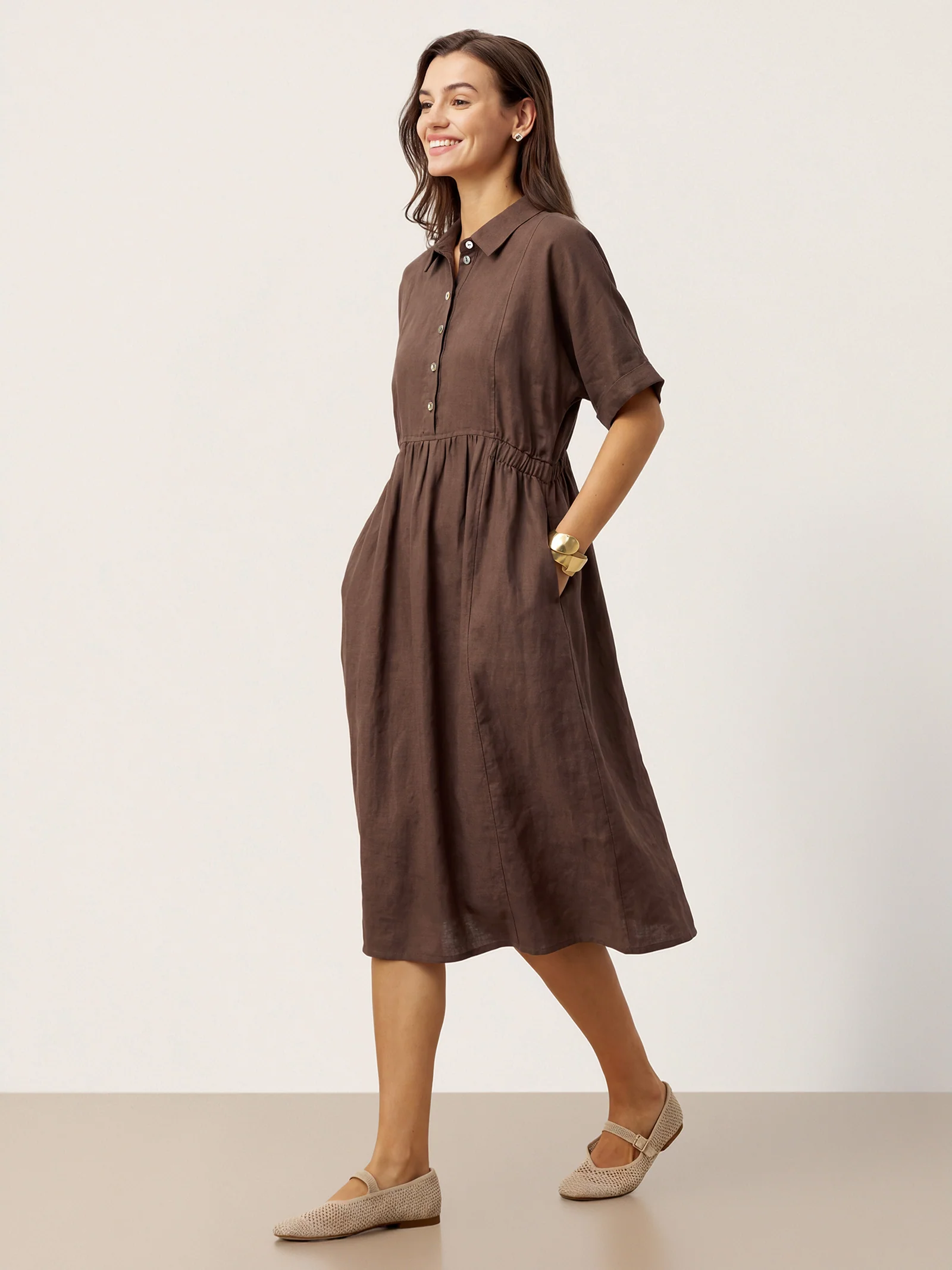 100% Linen Striped Buttoned Front Short Sleeve Midi Shirt Dress CASSANDRA - Image 2