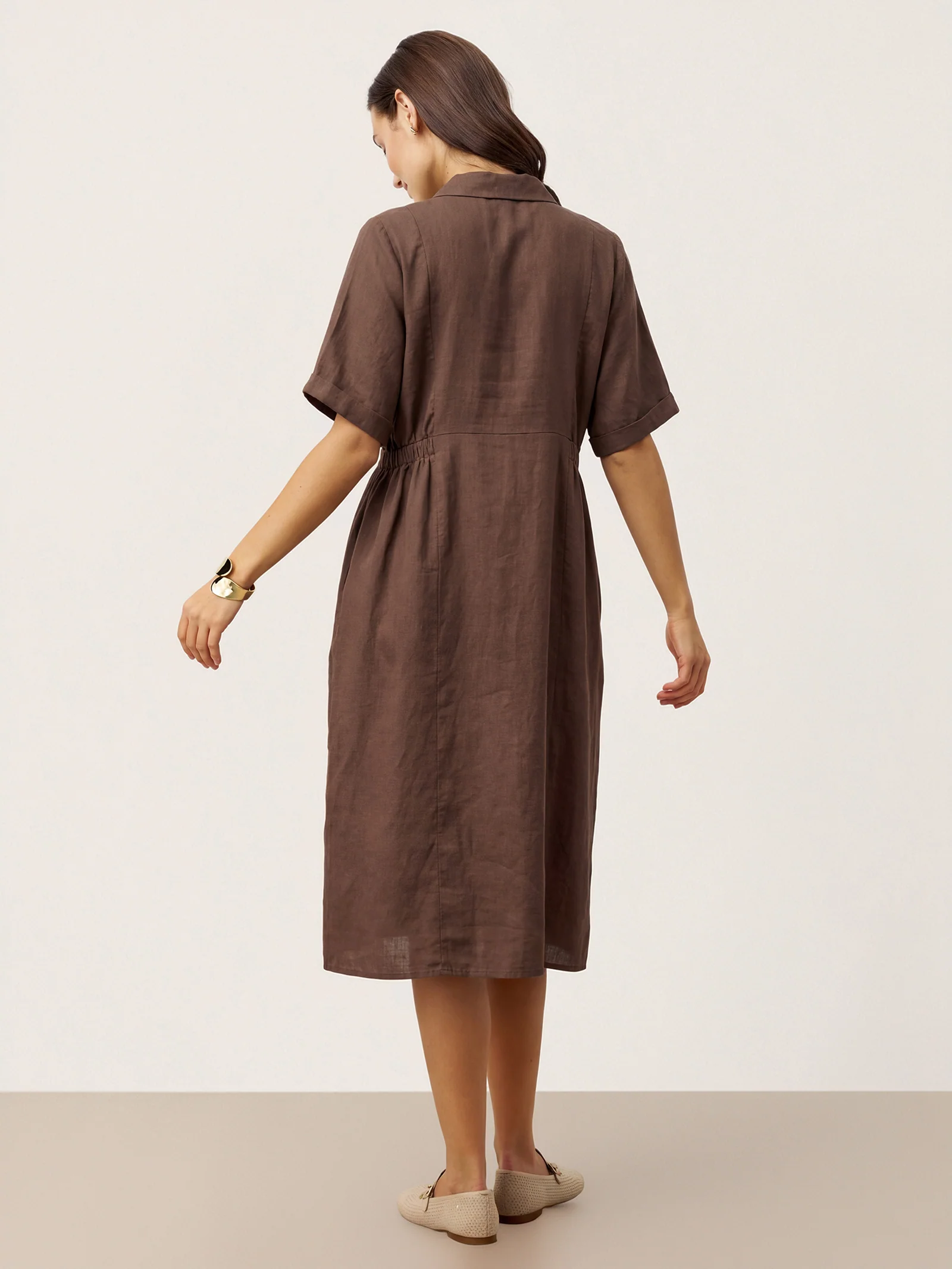 100% Linen Striped Buttoned Front Short Sleeve Midi Shirt Dress CASSANDRA - Image 3