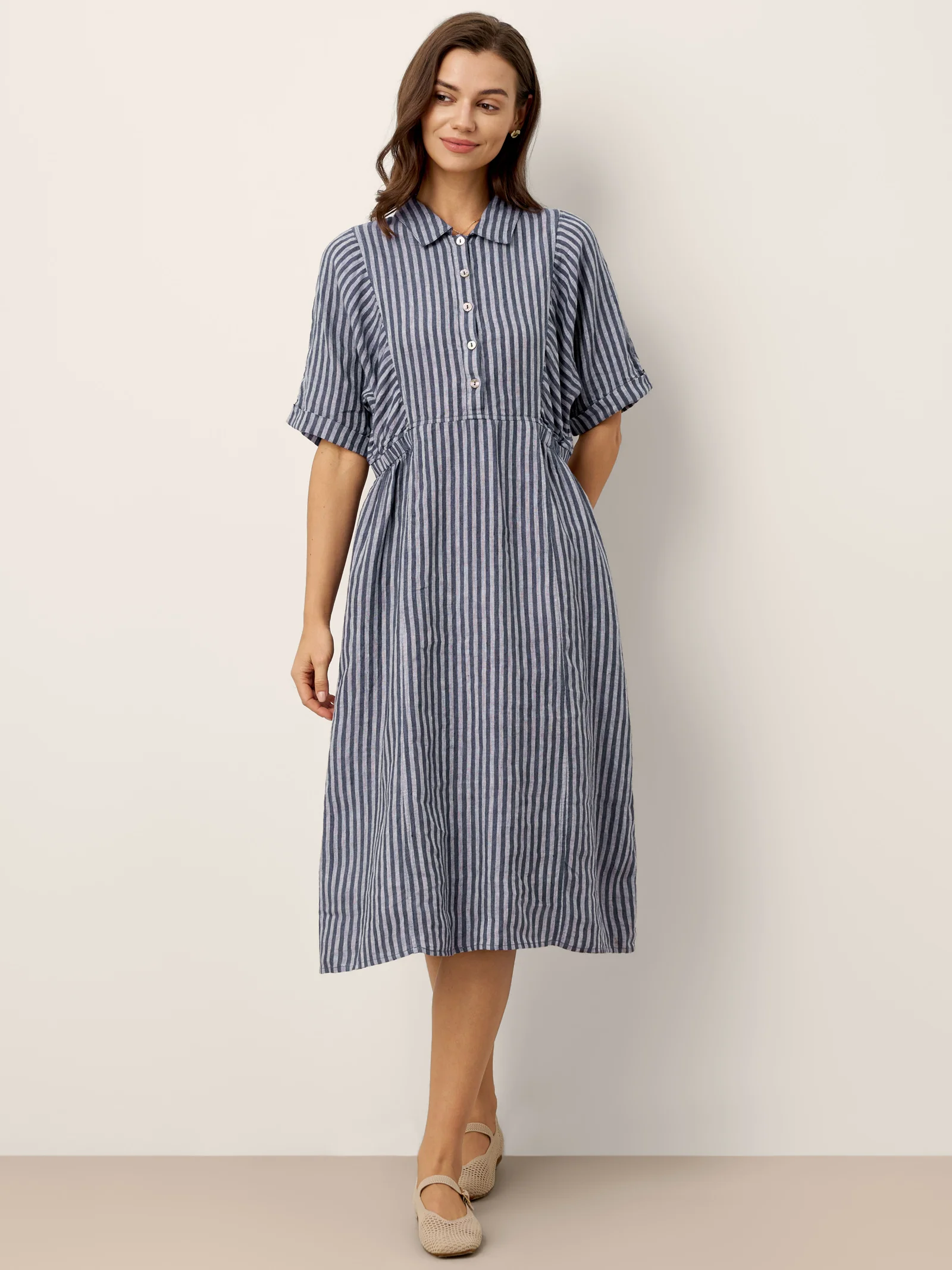 100% Linen Striped Buttoned Front Short Sleeve Midi Shirt Dress CASSANDRA - Image 6
