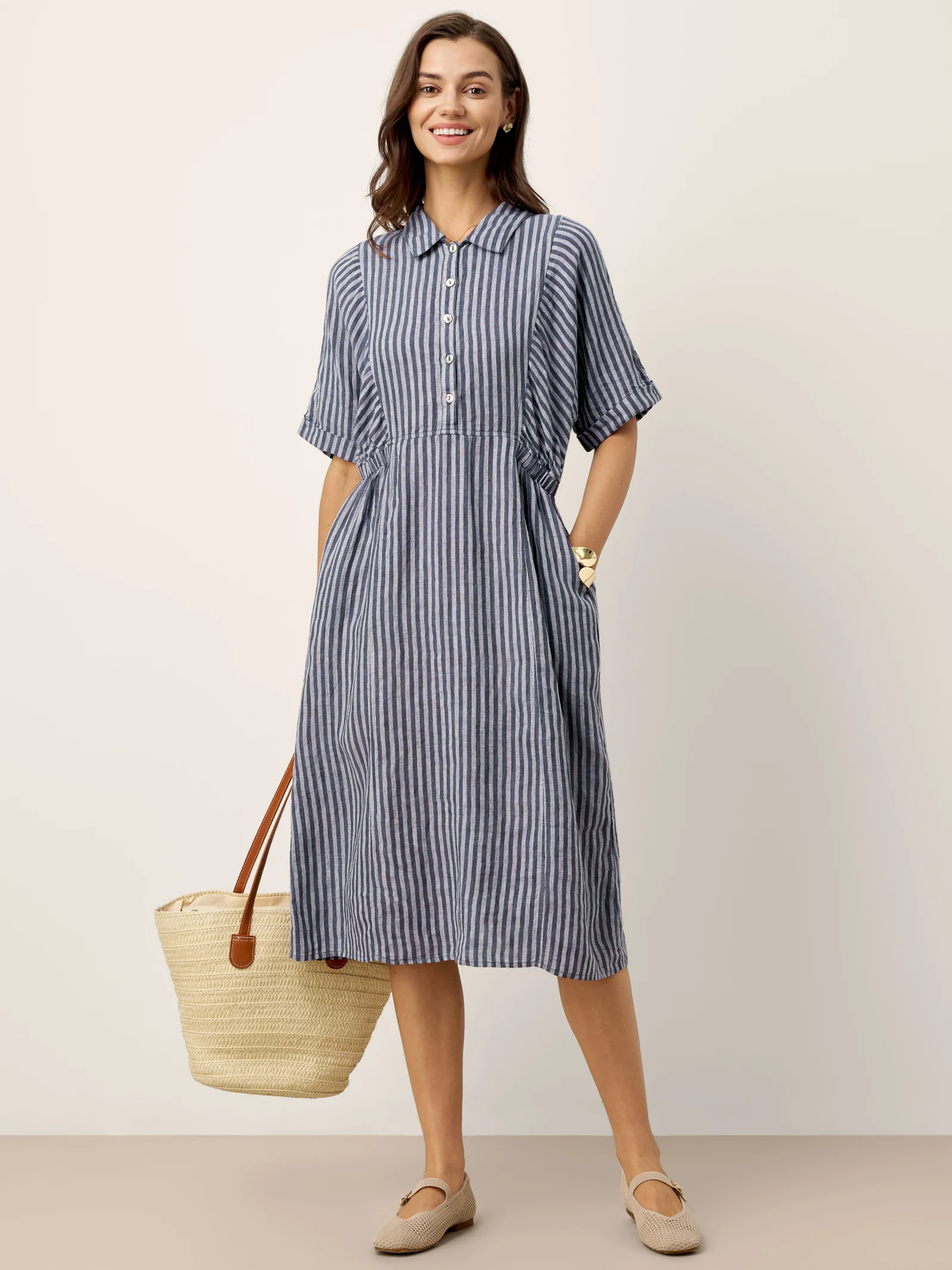 100% Linen Striped Buttoned Front Short Sleeve Midi Shirt Dress CASSANDRA - Image 7