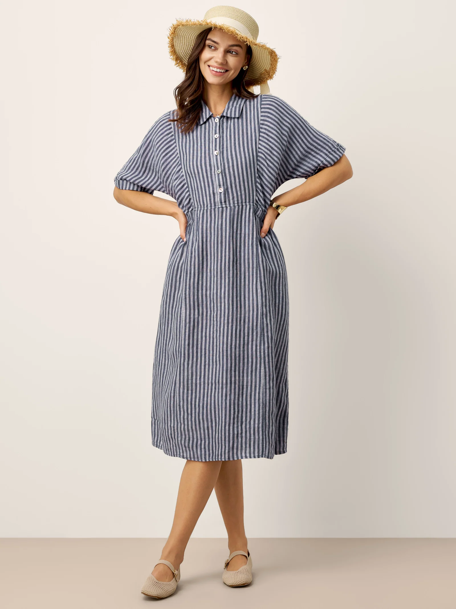 100% Linen Striped Buttoned Front Short Sleeve Midi Shirt Dress CASSANDRA - Image 8