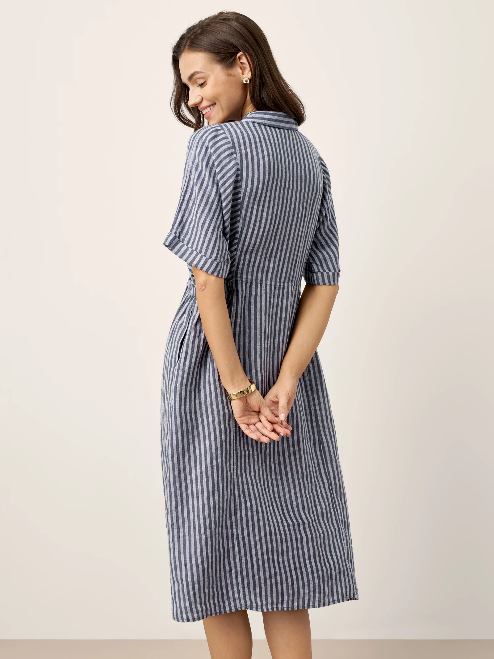 100% Linen Striped Buttoned Front Short Sleeve Midi Shirt Dress CASSANDRA - Image 9