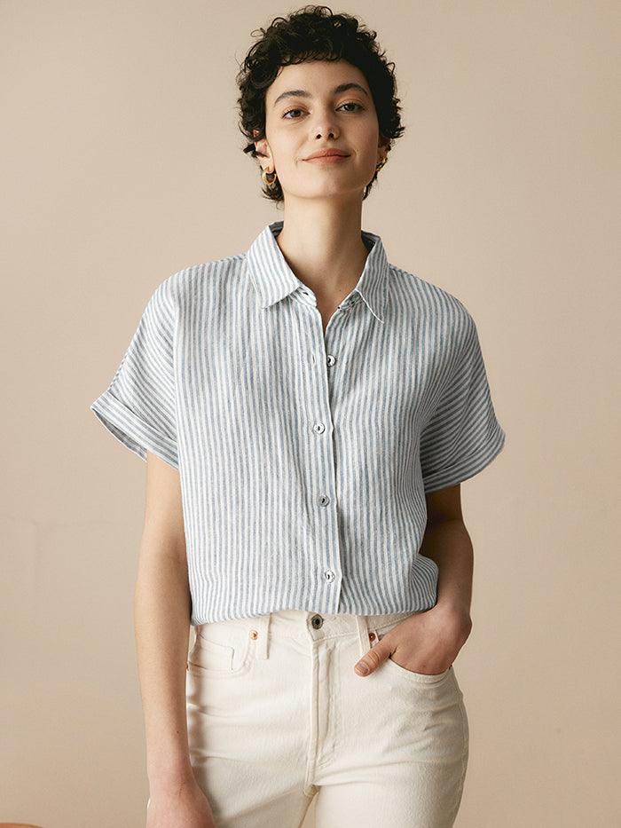 100% Linen Striped Classic Button-Front Shirt HUNTER