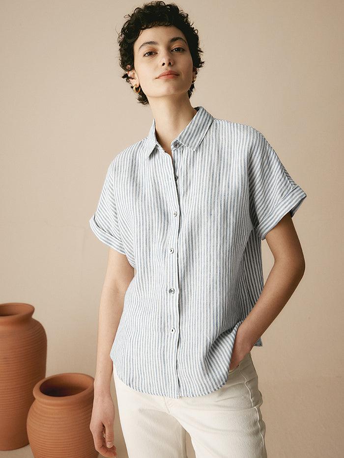 100% Linen Striped Classic Button-Front Shirt HUNTER - Image 2