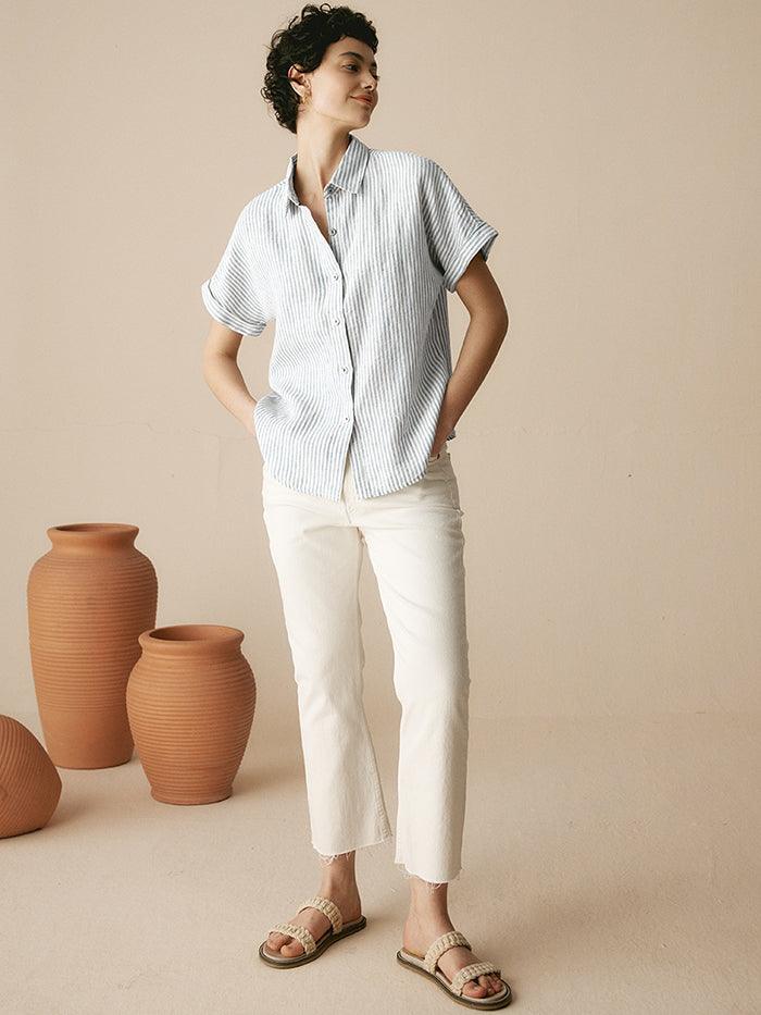 100% Linen Striped Classic Button-Front Shirt HUNTER - Image 8