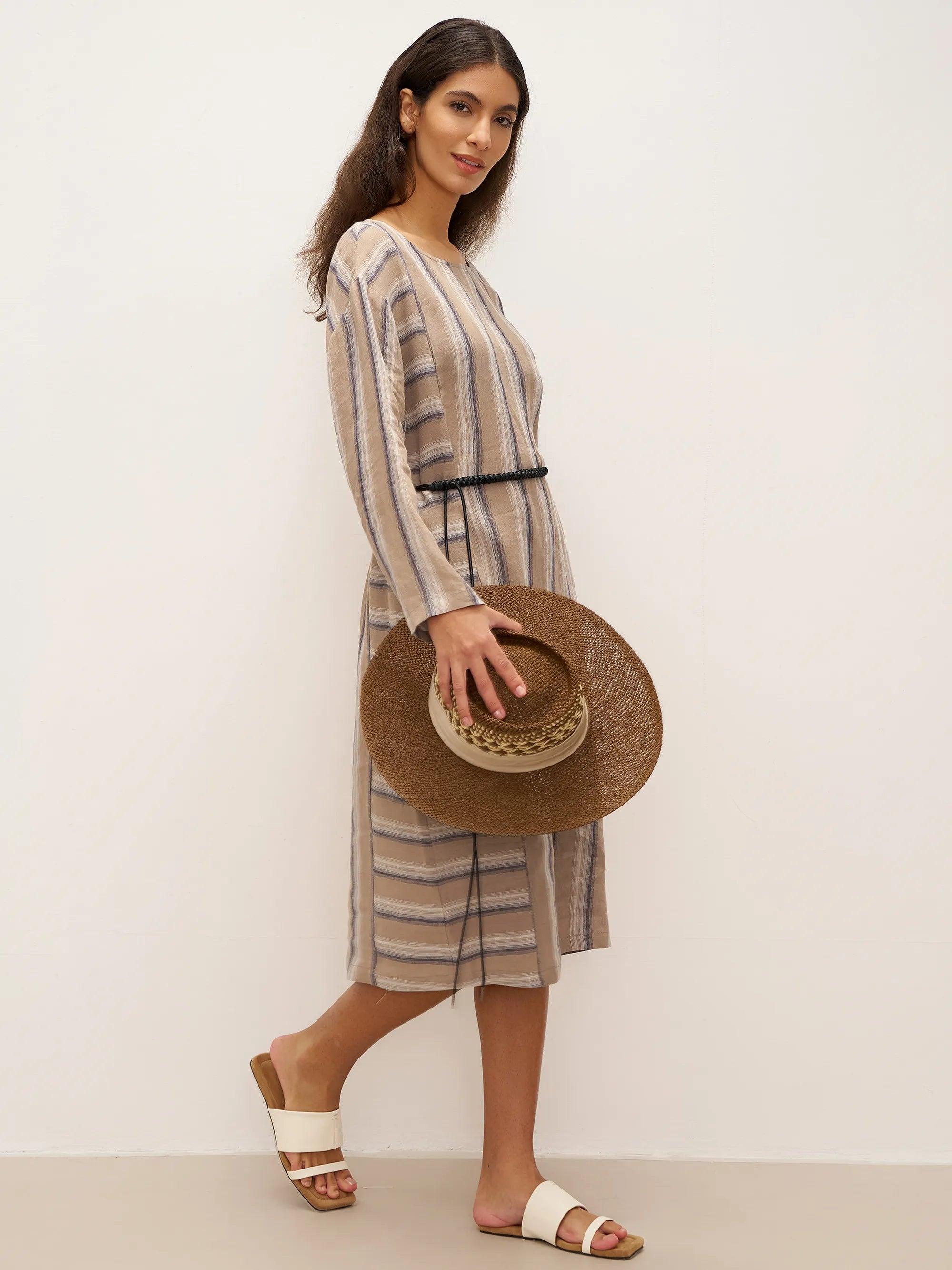 100% Linen Striped Crossweave Midi Dress ELSPETH - Image 2