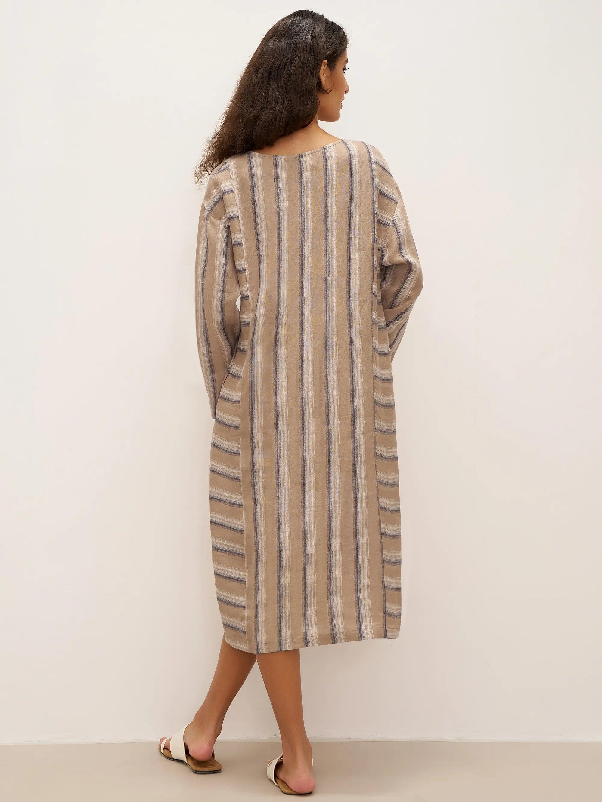 100% Linen Striped Crossweave Midi Dress ELSPETH - Image 3