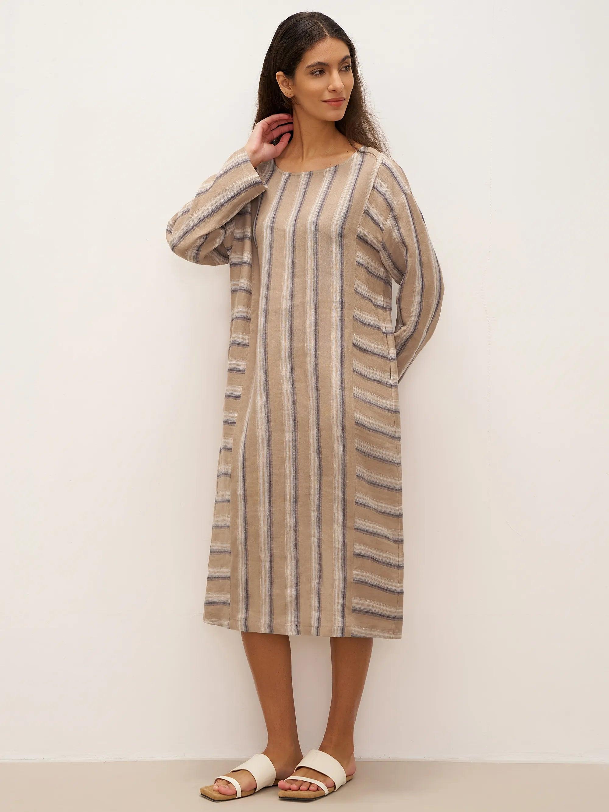 100% Linen Striped Crossweave Midi Dress ELSPETH - Image 4