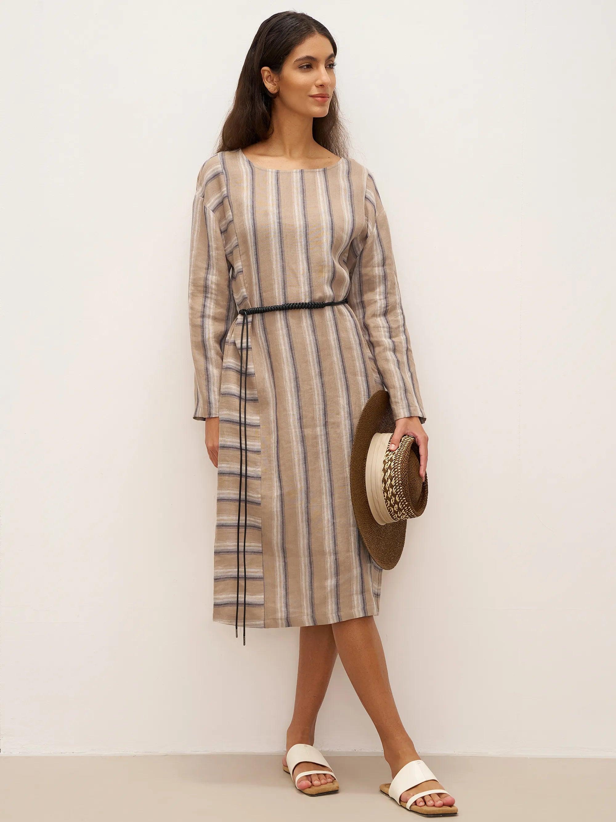 100% Linen Striped Crossweave Midi Dress ELSPETH - Image 5