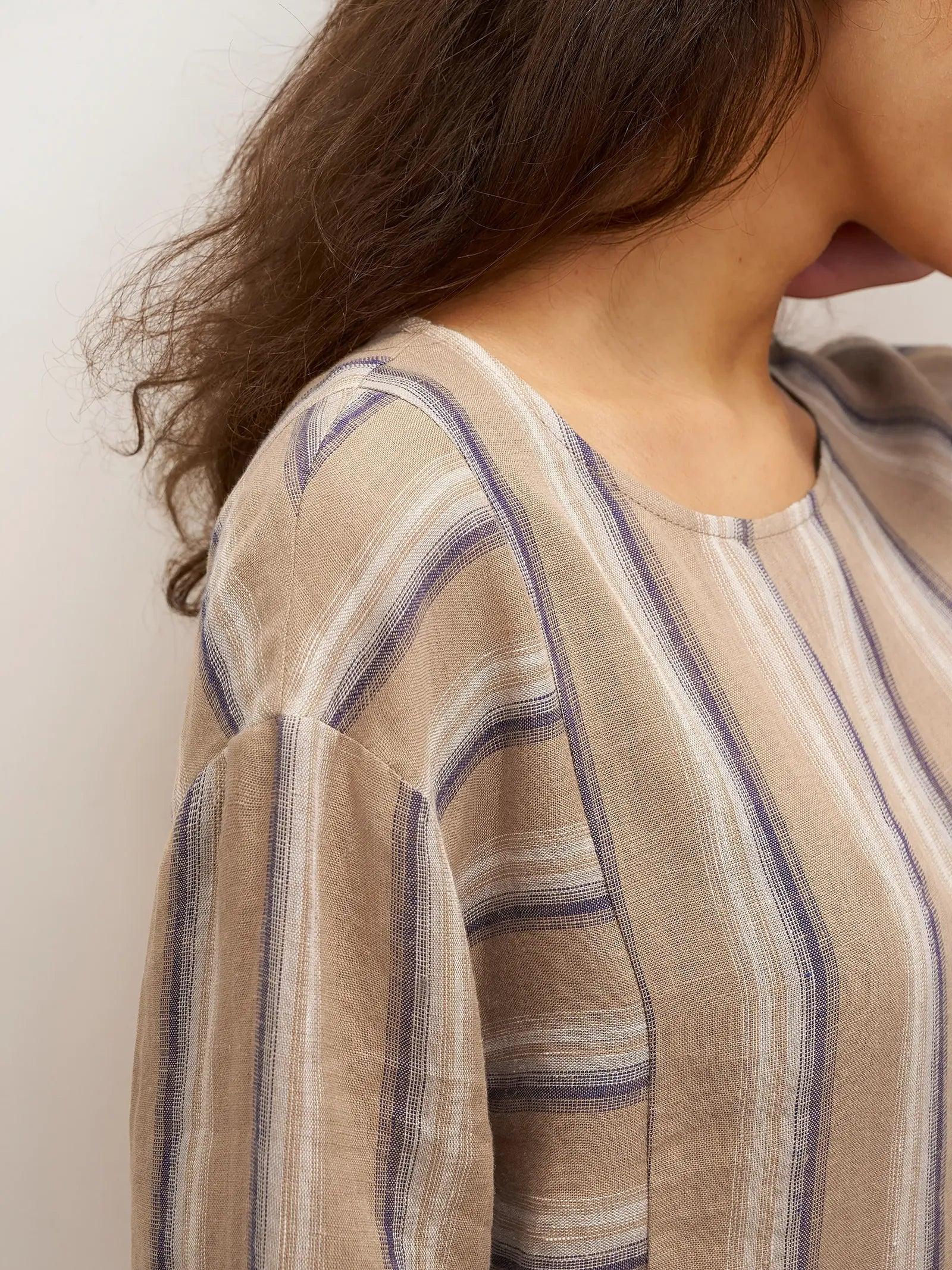 100% Linen Striped Crossweave Midi Dress ELSPETH - Image 6