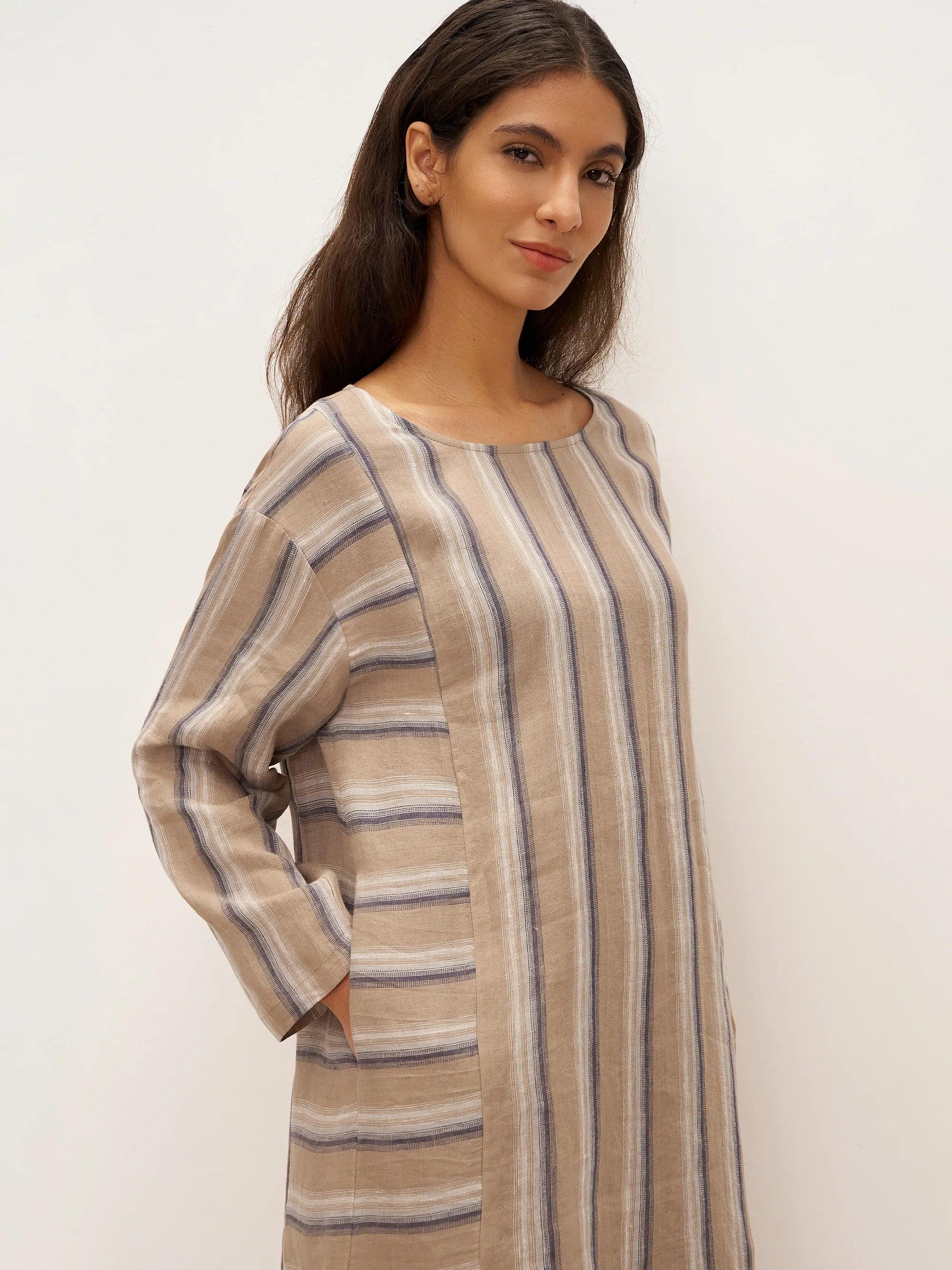 100% Linen Striped Crossweave Midi Dress ELSPETH - Image 8